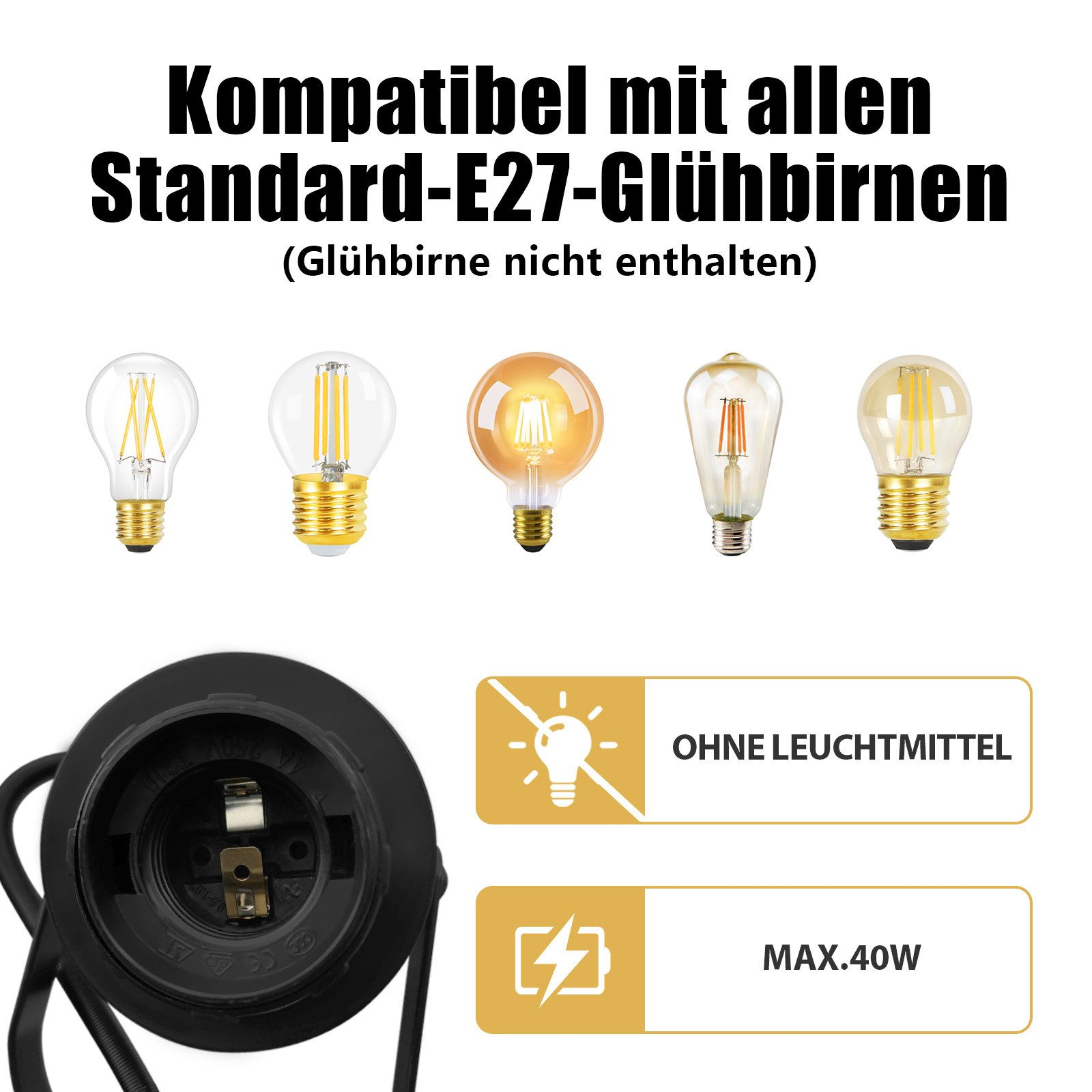 Oprawka z kilkoma żarówkami, tekst: "OHNE LEUCHTMITTEL" i "MAX.40W".