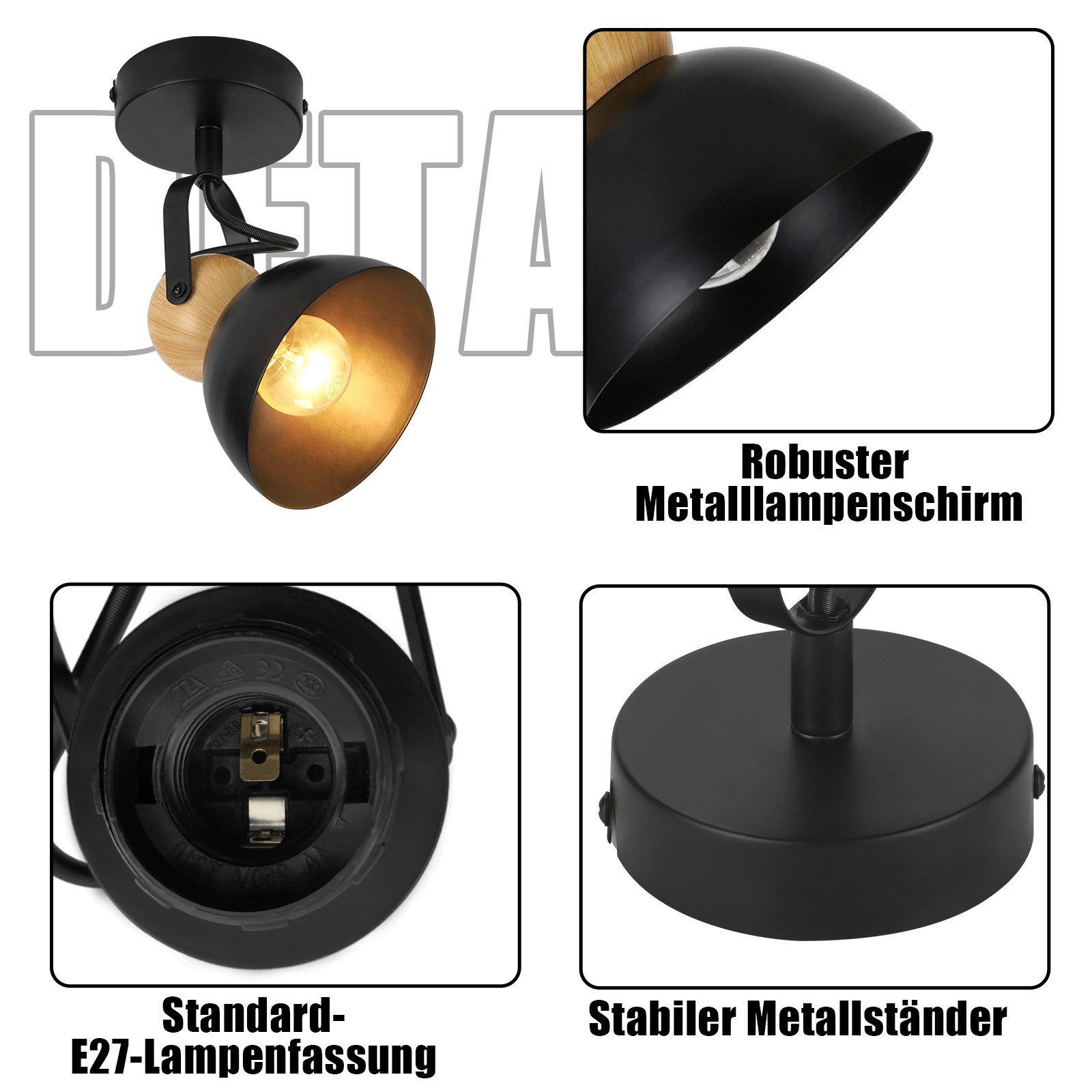 Vista dettagliata di una lampada da soffitto nera con accento in legno e lampadina all'interno.