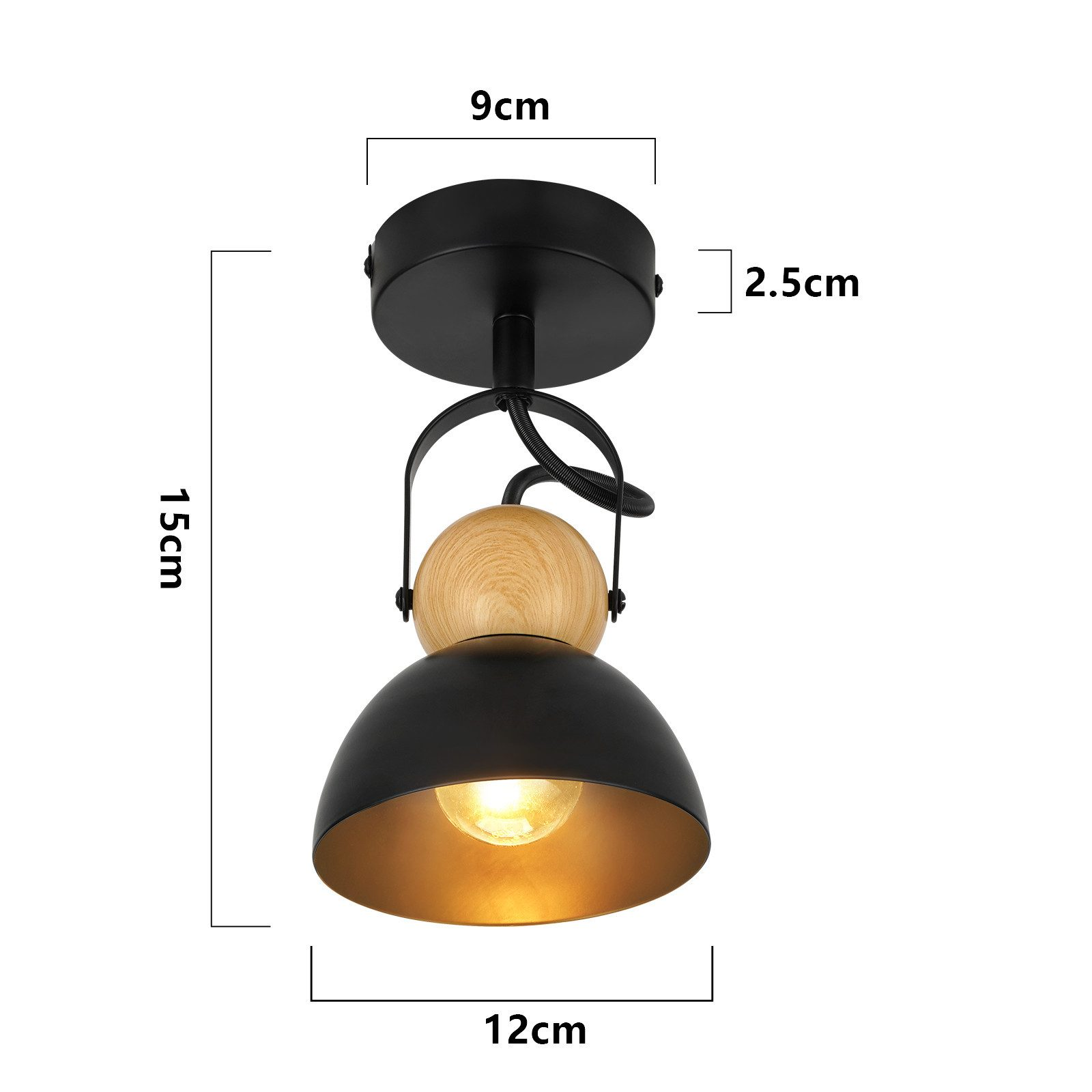 Czarno-złota lampa wisząca z oznaczonymi wymiarami. Lampa posiada drewnianą kulę i zakrzywione ramię.