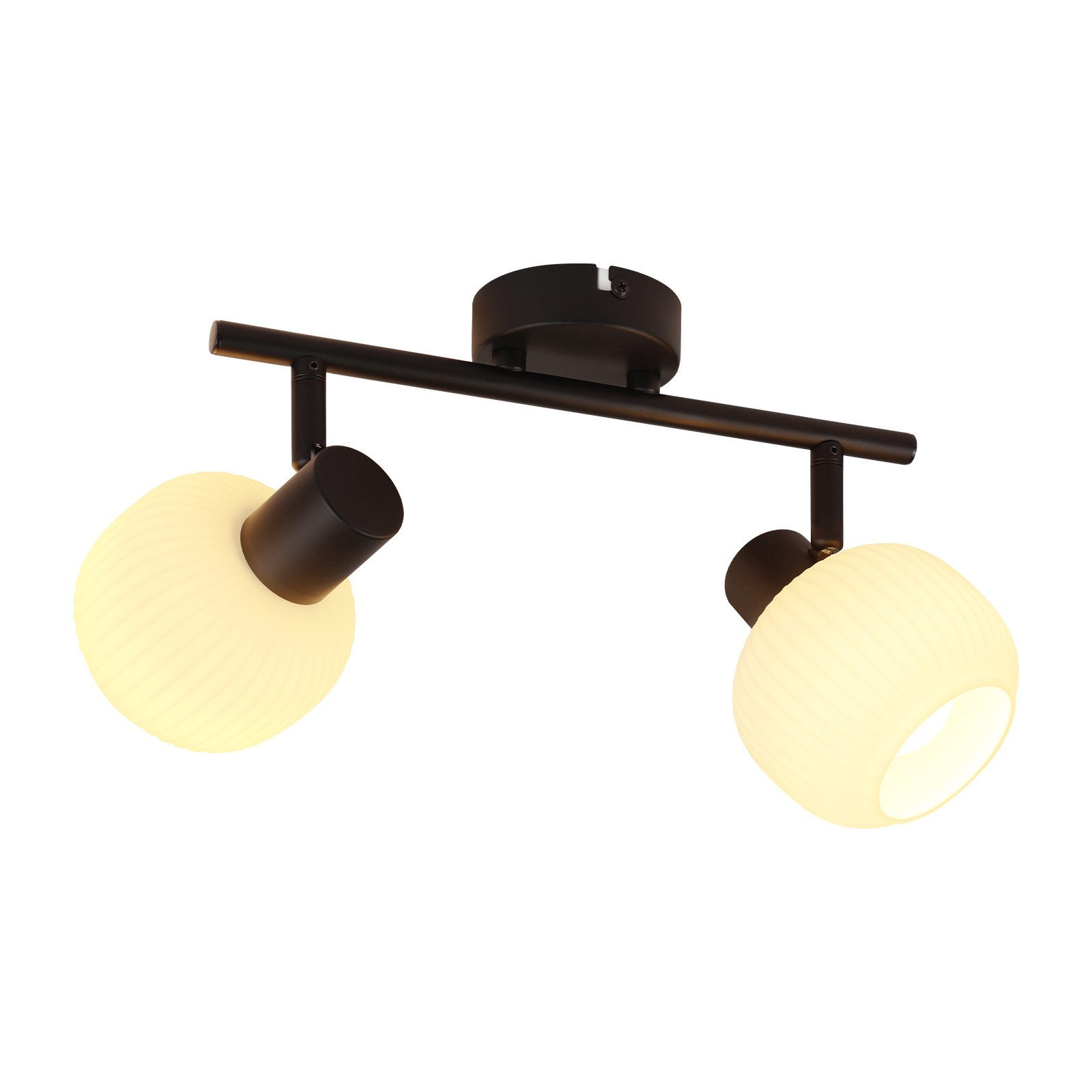 Faretto da soffitto nero con due apparecchi di illuminazione.