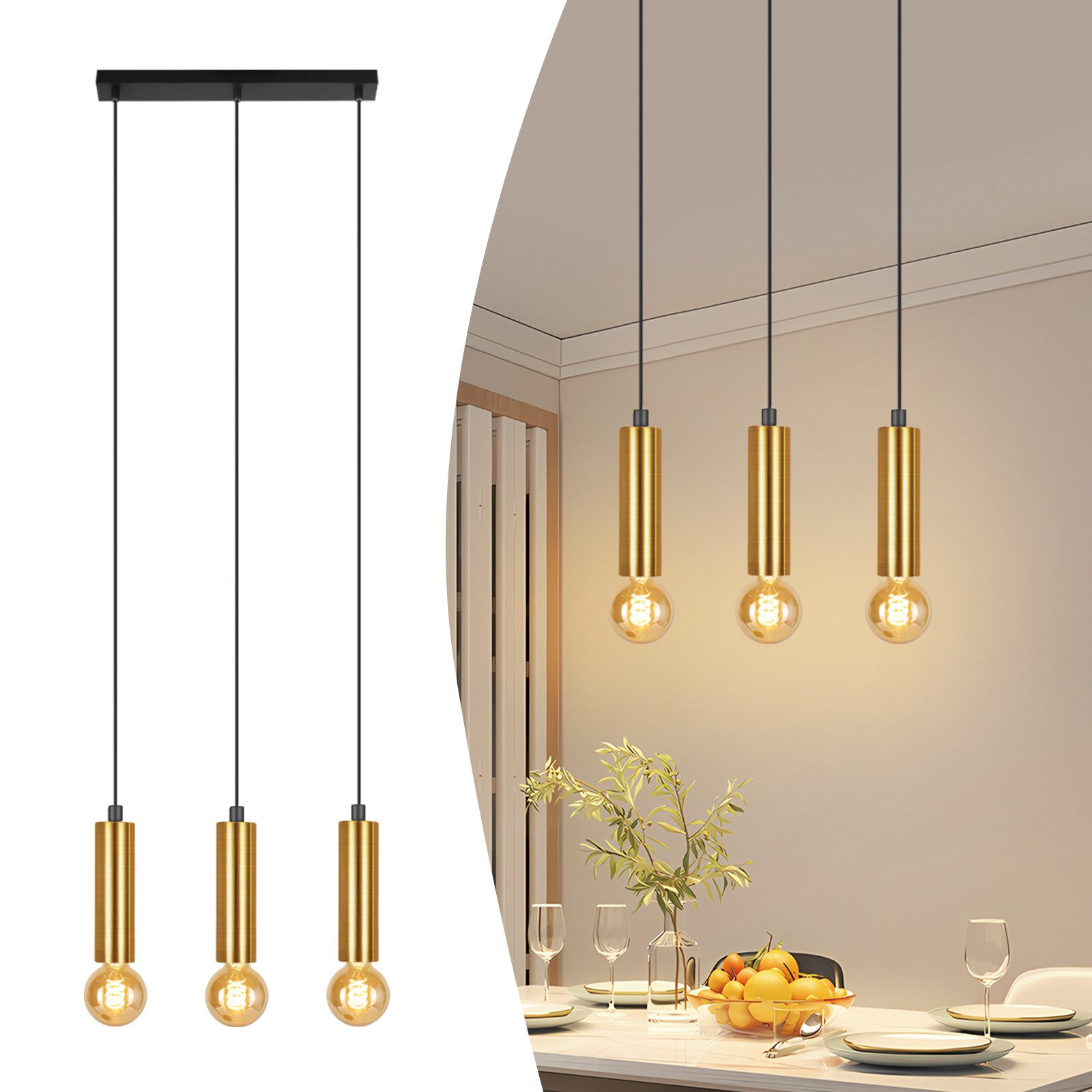 Tre lampade a sospensione dorate illuminano una sala da pranzo, con un tavolo e una fruttiera.