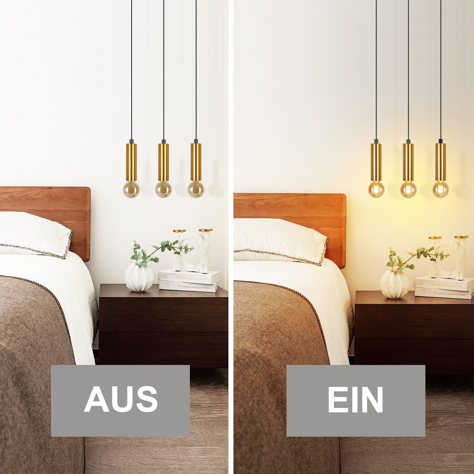Due immagini: Una camera da letto con luci a sospensione spente e accese. Le luci sono dorate.