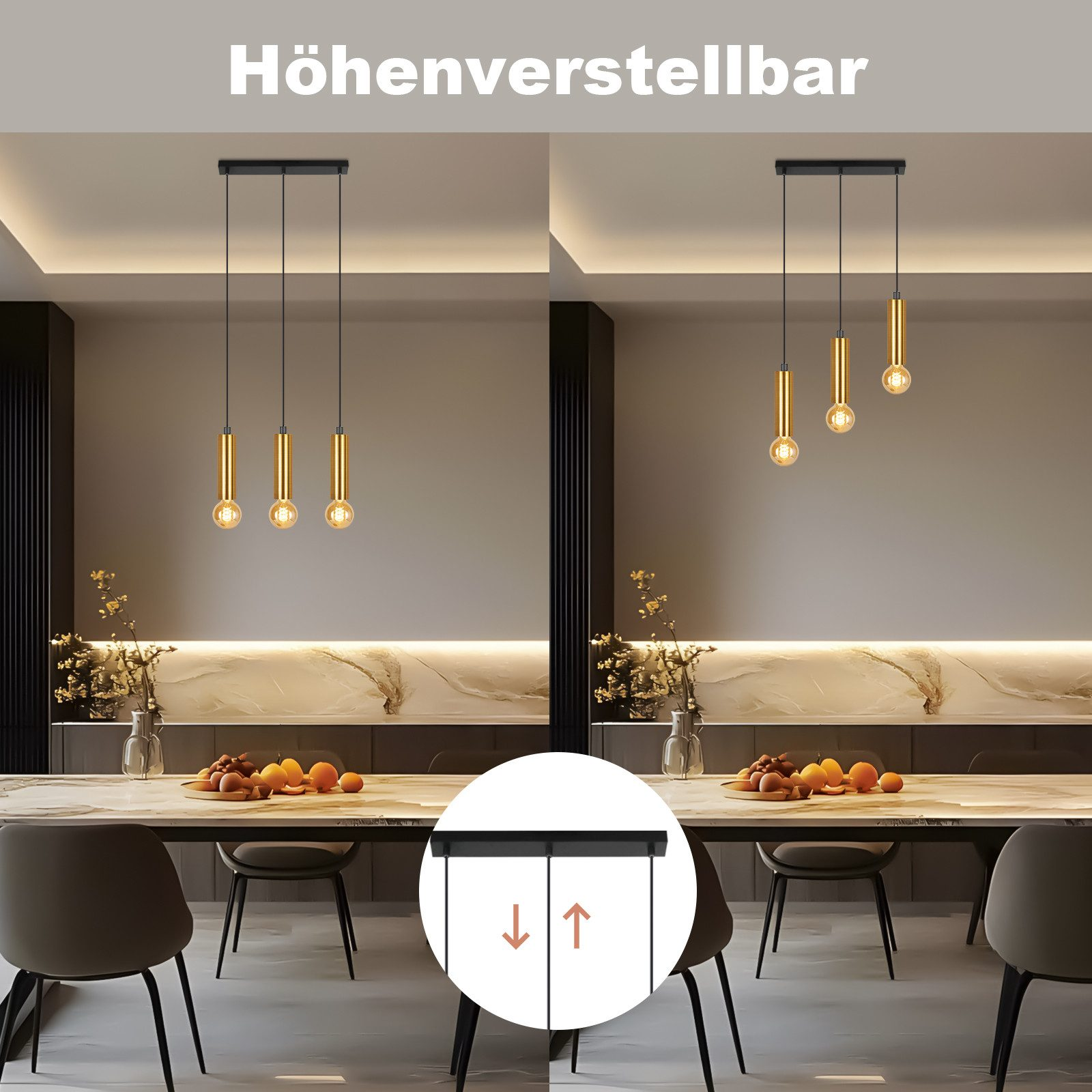 Due set di lampade a sospensione dorate. Il testo in alto dice 'Höhenverstellbar'.
