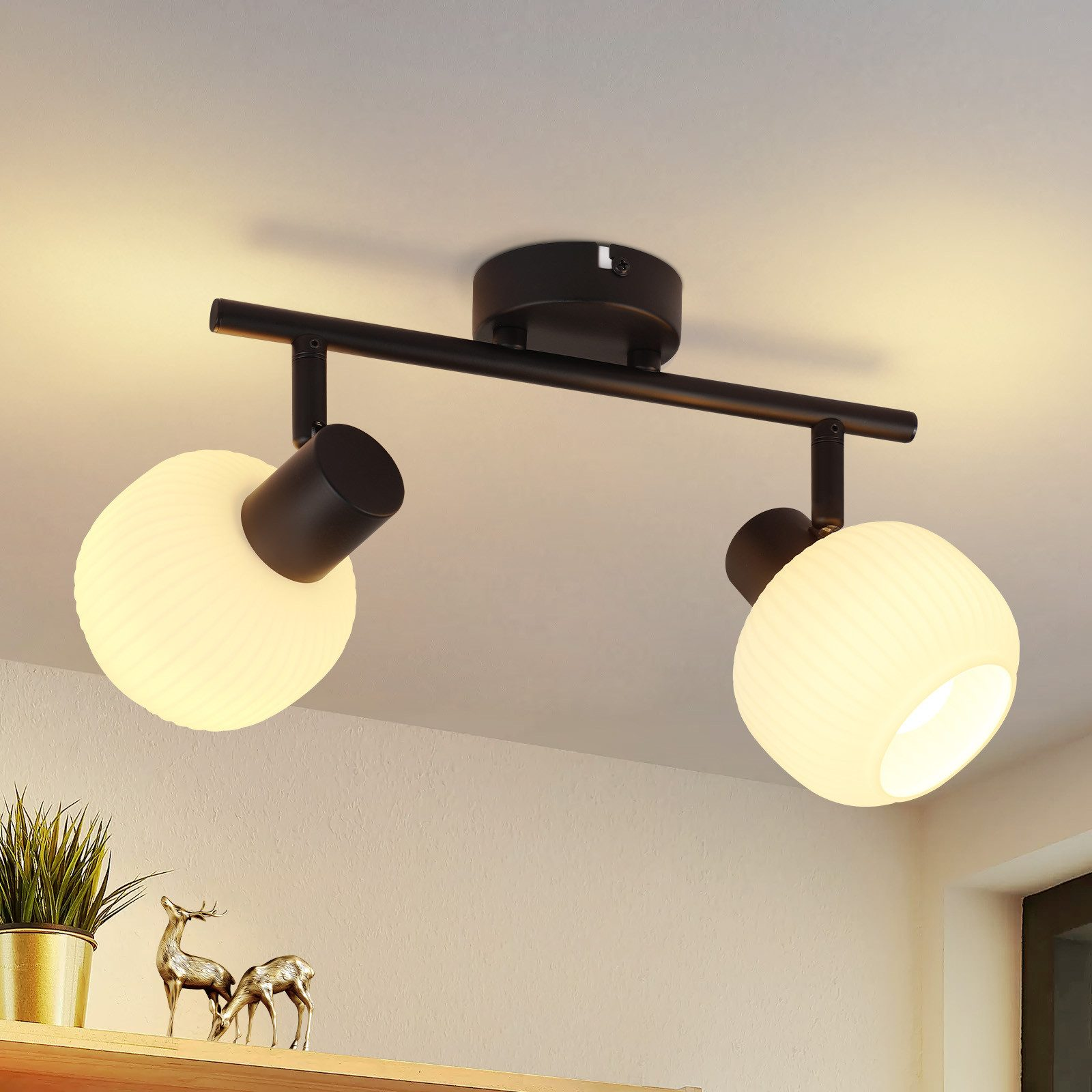 Due faretti neri su una barra nera, montati su un soffitto bianco. C'è una pianta e decorazioni.