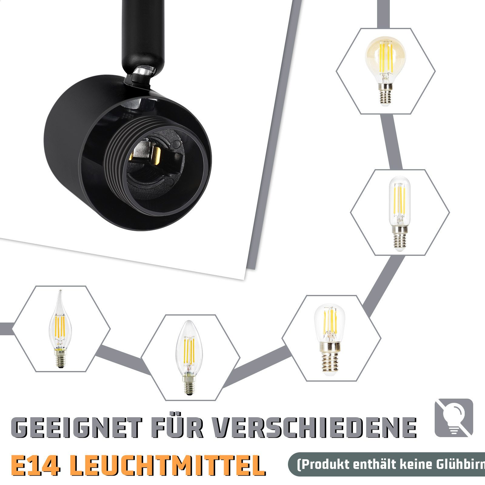 Un apparecchio di illuminazione nero con varie opzioni di lampadine E14 in un motivo esagonale.