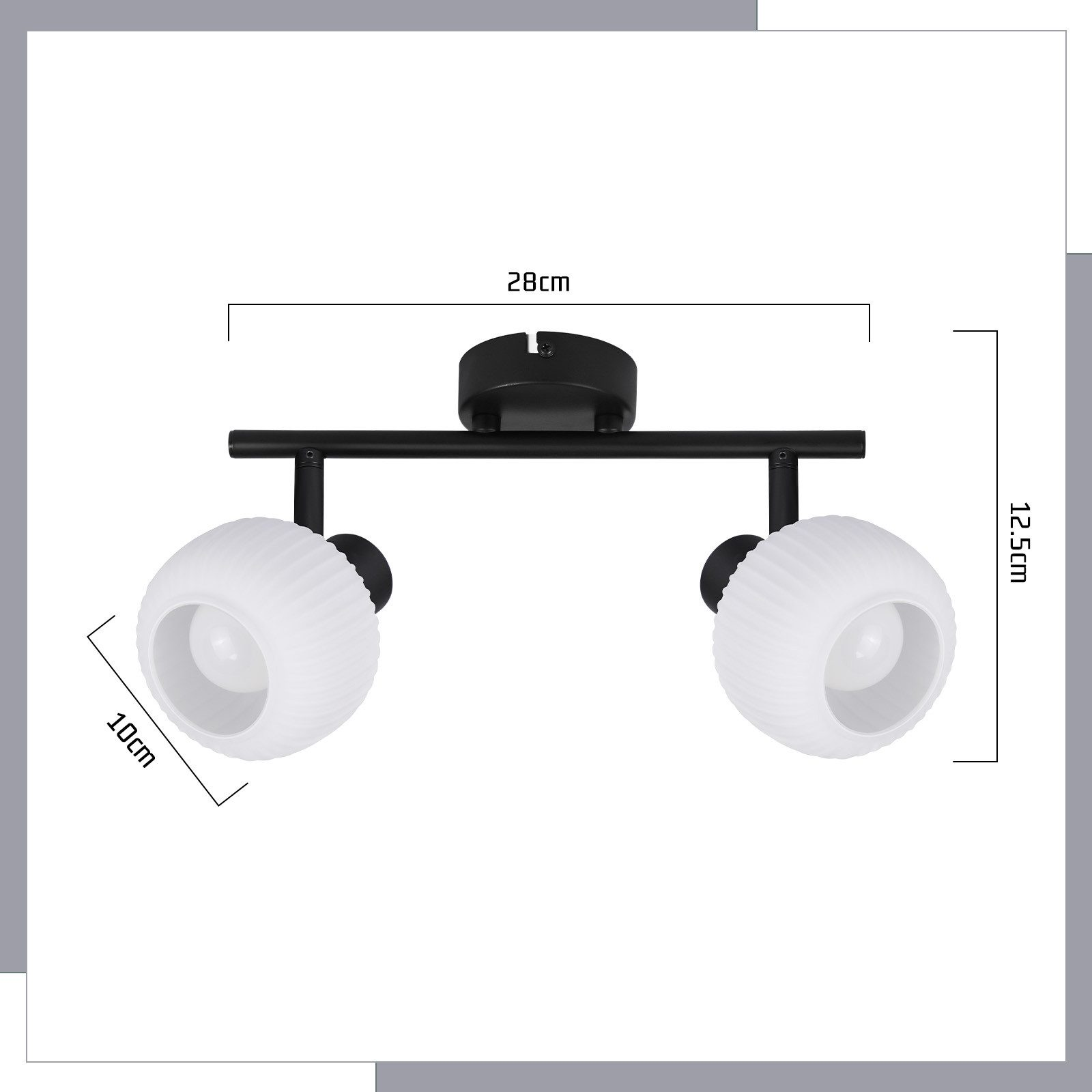 Lampada da soffitto nera con due paralumi in vetro smerigliato, dimensioni.