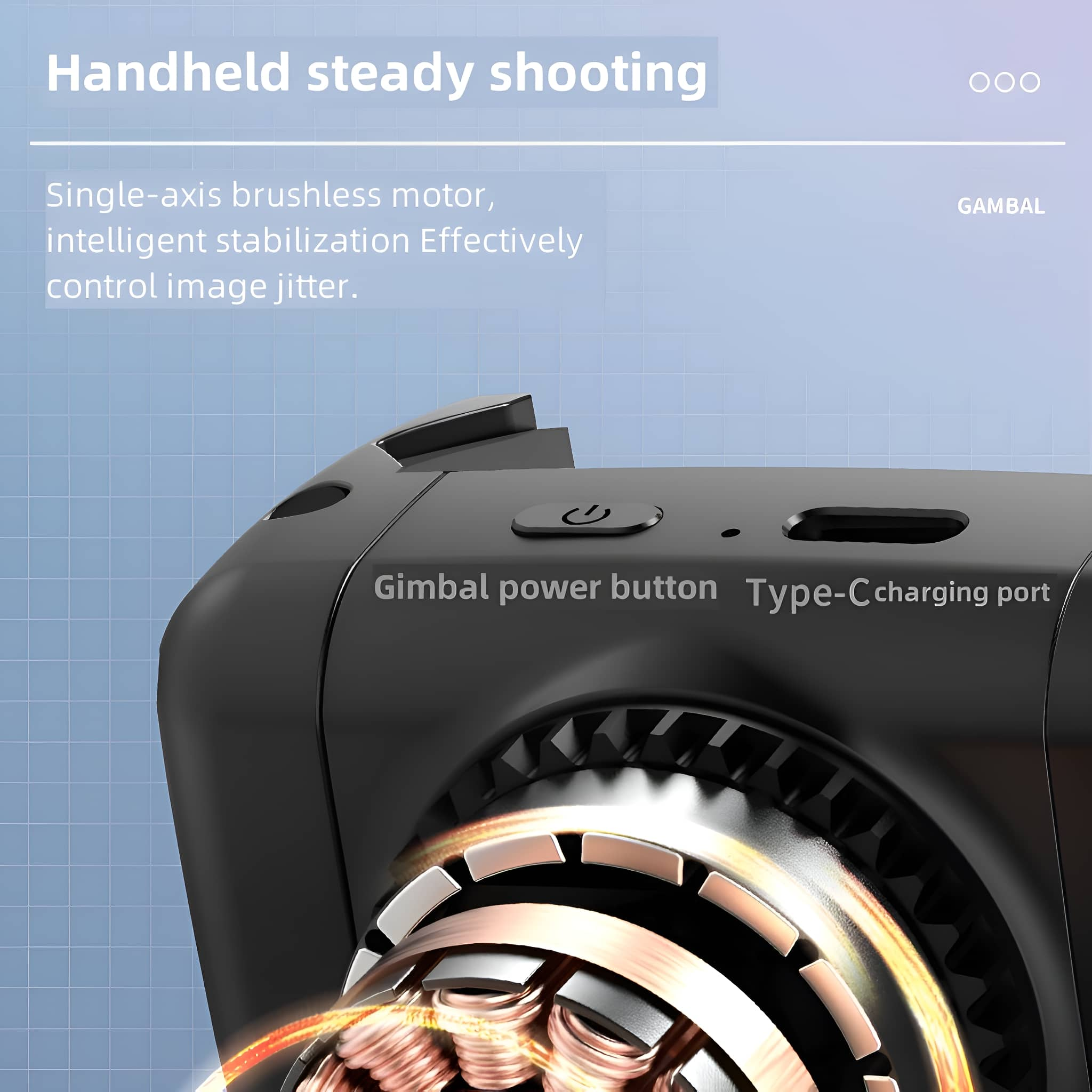 Nahaufnahme eines schwarzen Gimbals mit Knöpfen und einem Ladeanschluss.