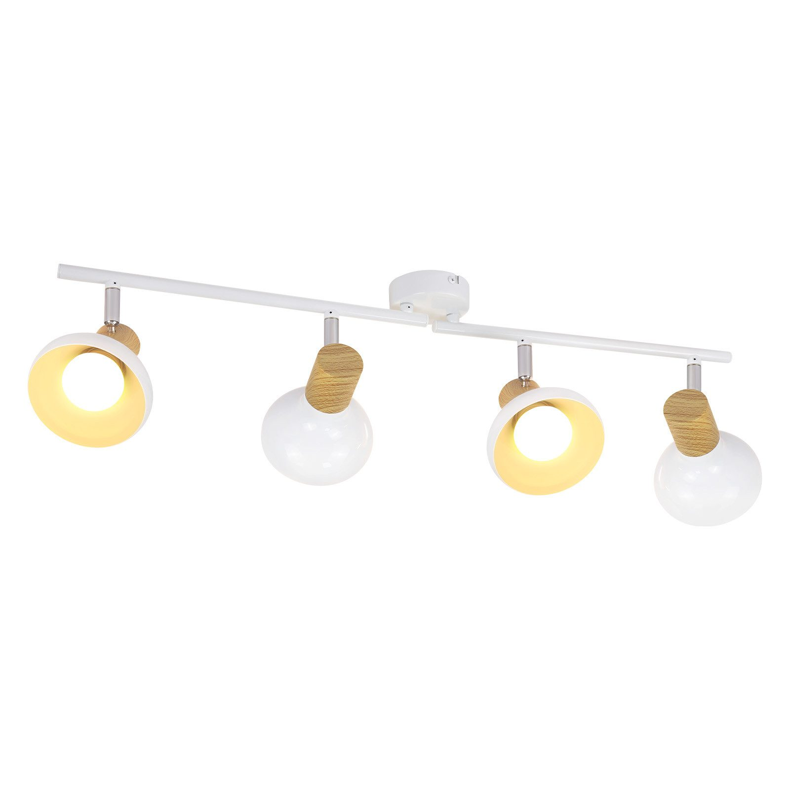 Faretto da soffitto bianco con quattro luci. Le luci hanno dettagli in legno e lampadine. Sfondo bianco. L'apparecchio è bianco.