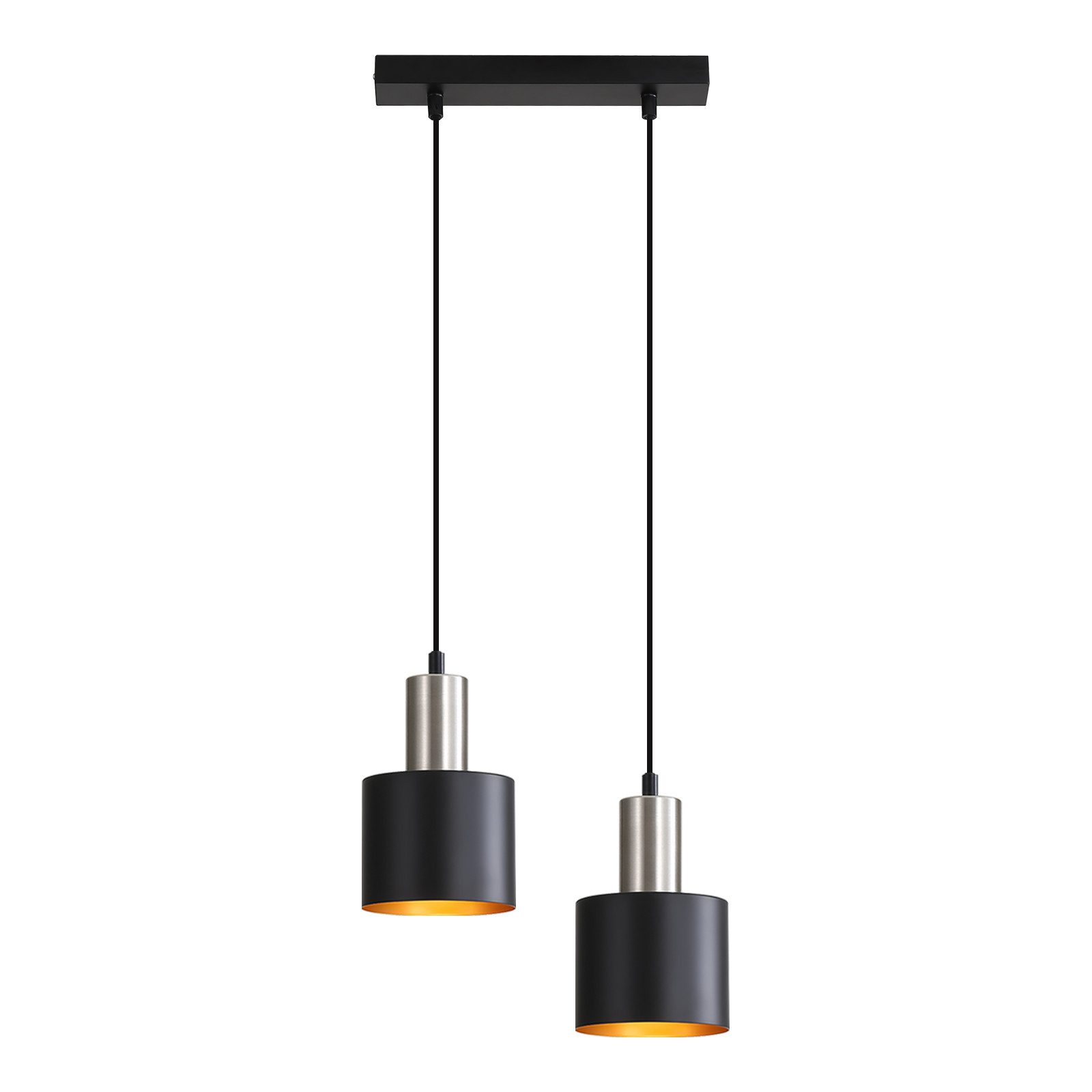 Due lampade a sospensione nere e argento appese a una barra nera. Le luci sono accese.