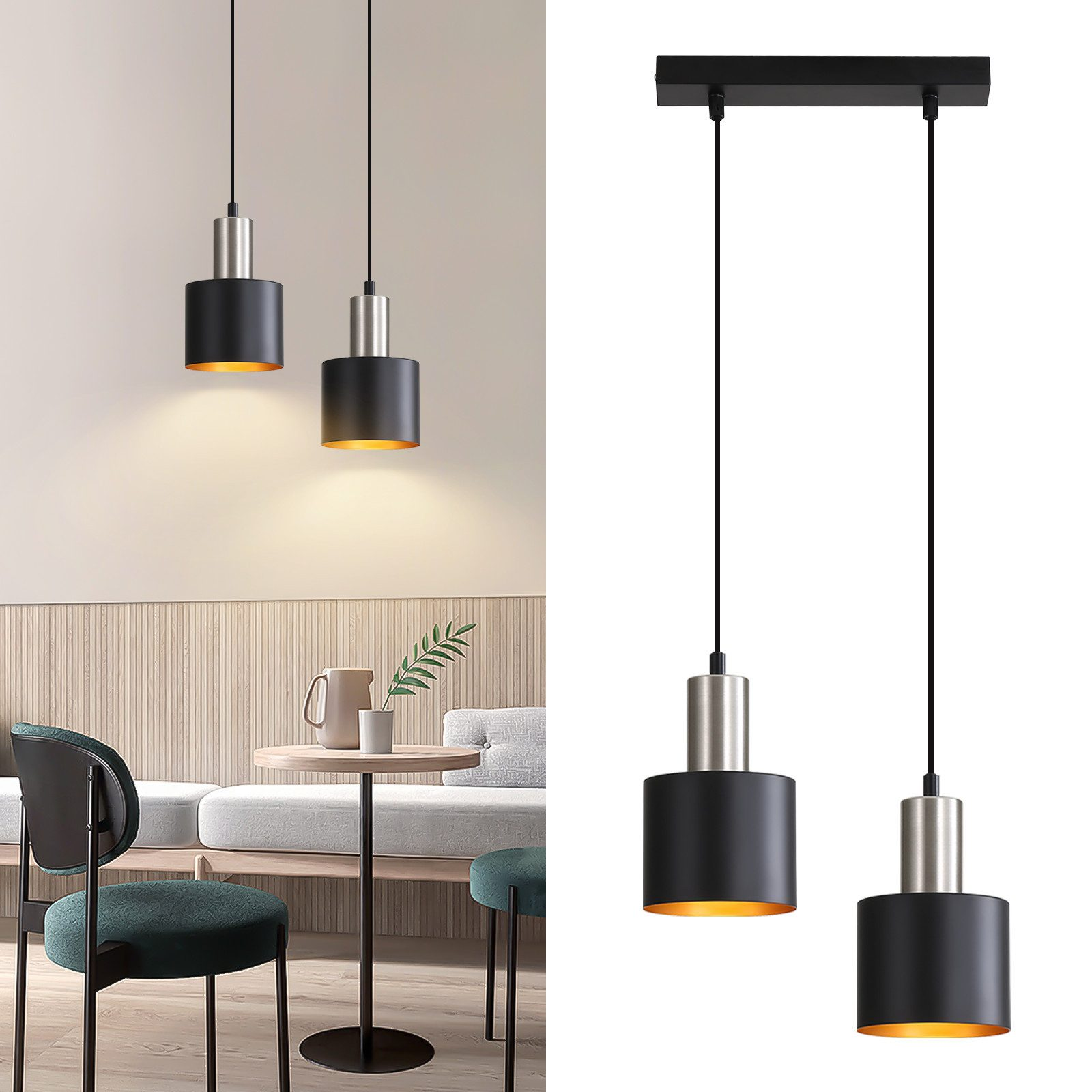 Due lampade a sospensione nere con accenti argentati, appese al soffitto. Luce dorata proveniente dalle lampade.