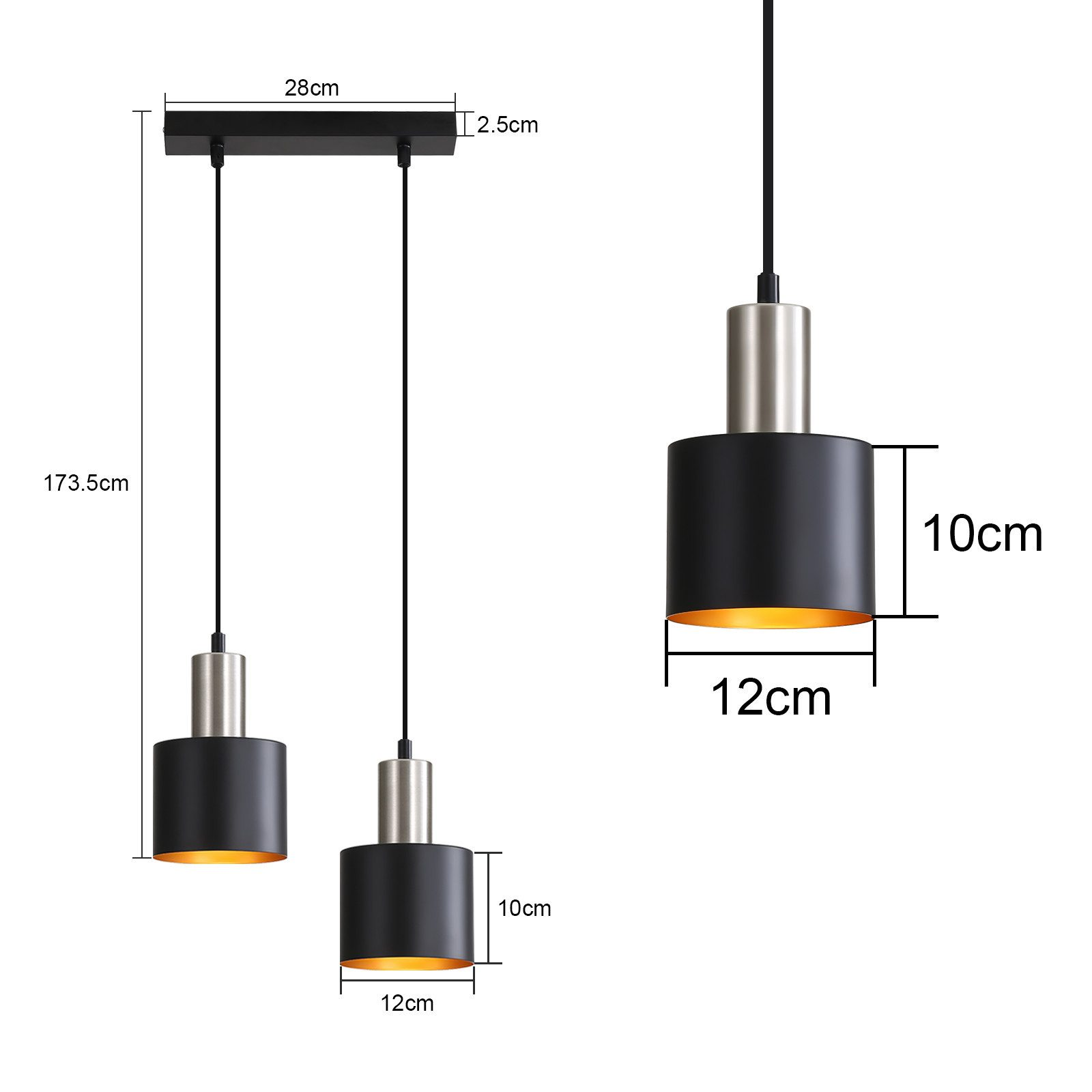 Schema di due lampade a sospensione, nere, con dimensioni.
