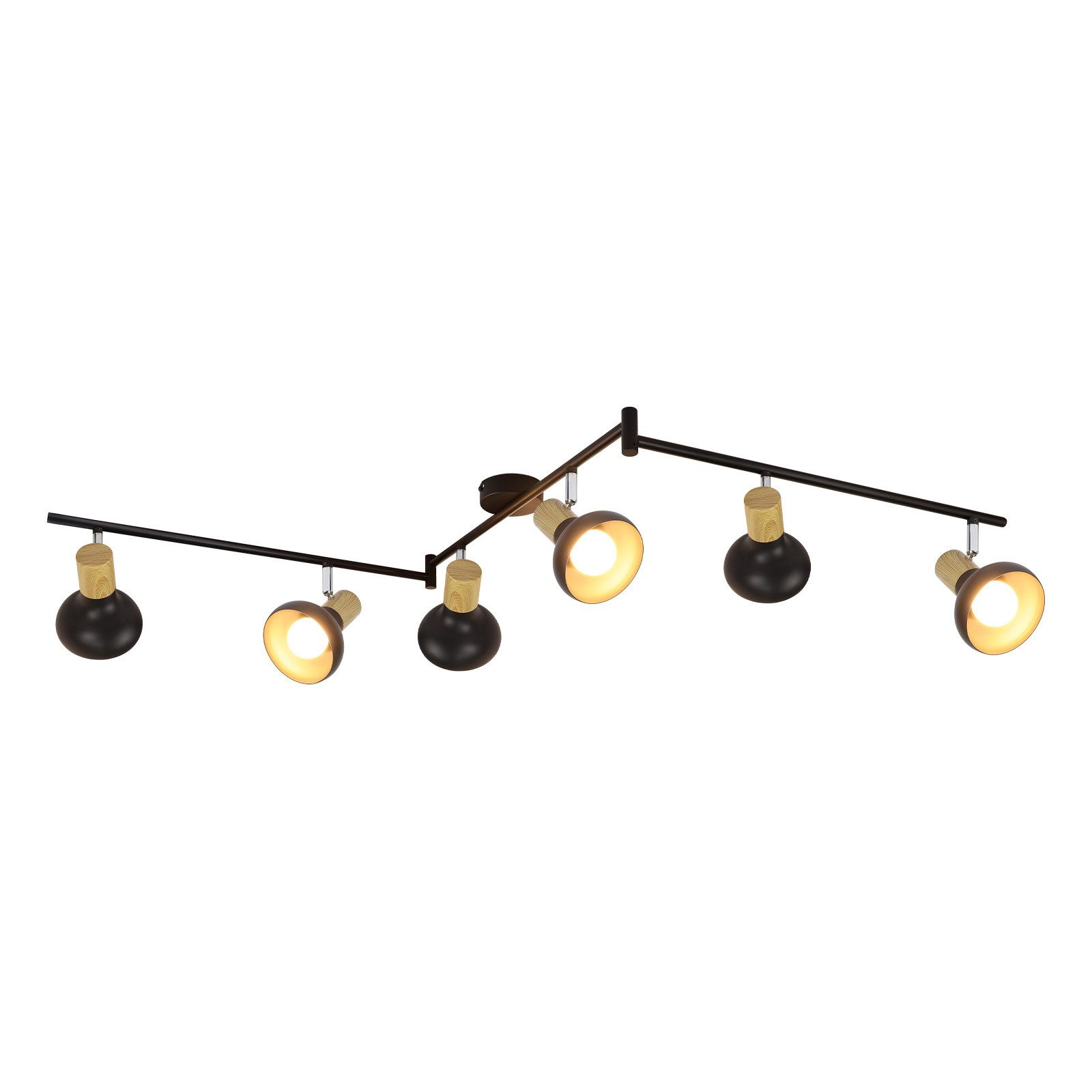Apparecchio di illuminazione a binario nero con sei faretti, dettagli in legno e soffitto bianco. Vista angolata.