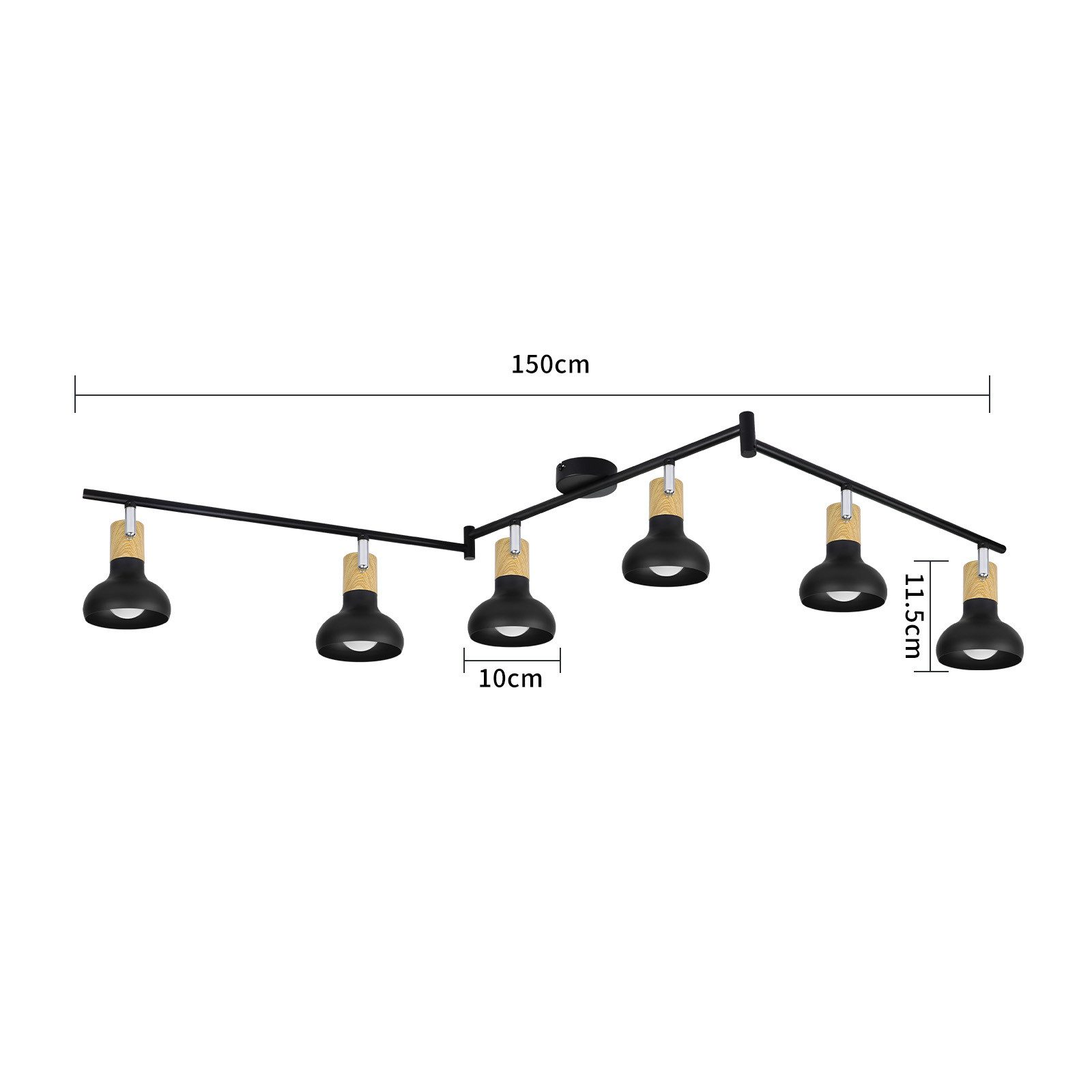 Un apparecchio di illuminazione a soffitto nero e legno con sei lampade, dimensioni etichettate.