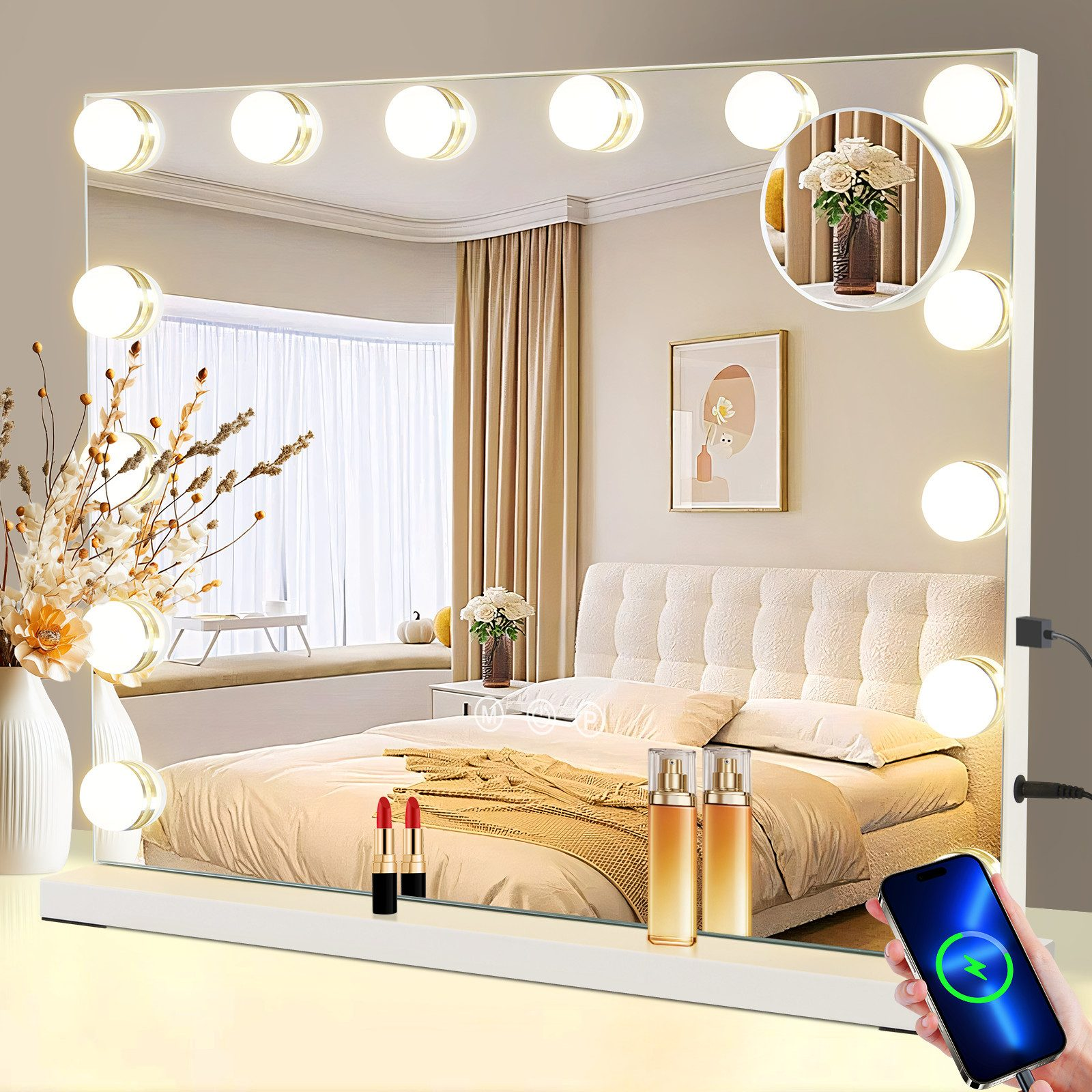 Ein Schminkspiegel mit Lichtern, ein Schlafzimmer und ein ladendes Telefon.
