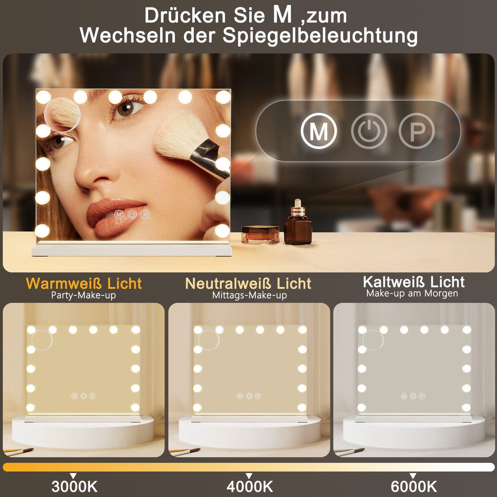 Espejo de maquillaje con luces e instrucciones. Muestra 3 ajustes de luz: cálida, neutra, fría.