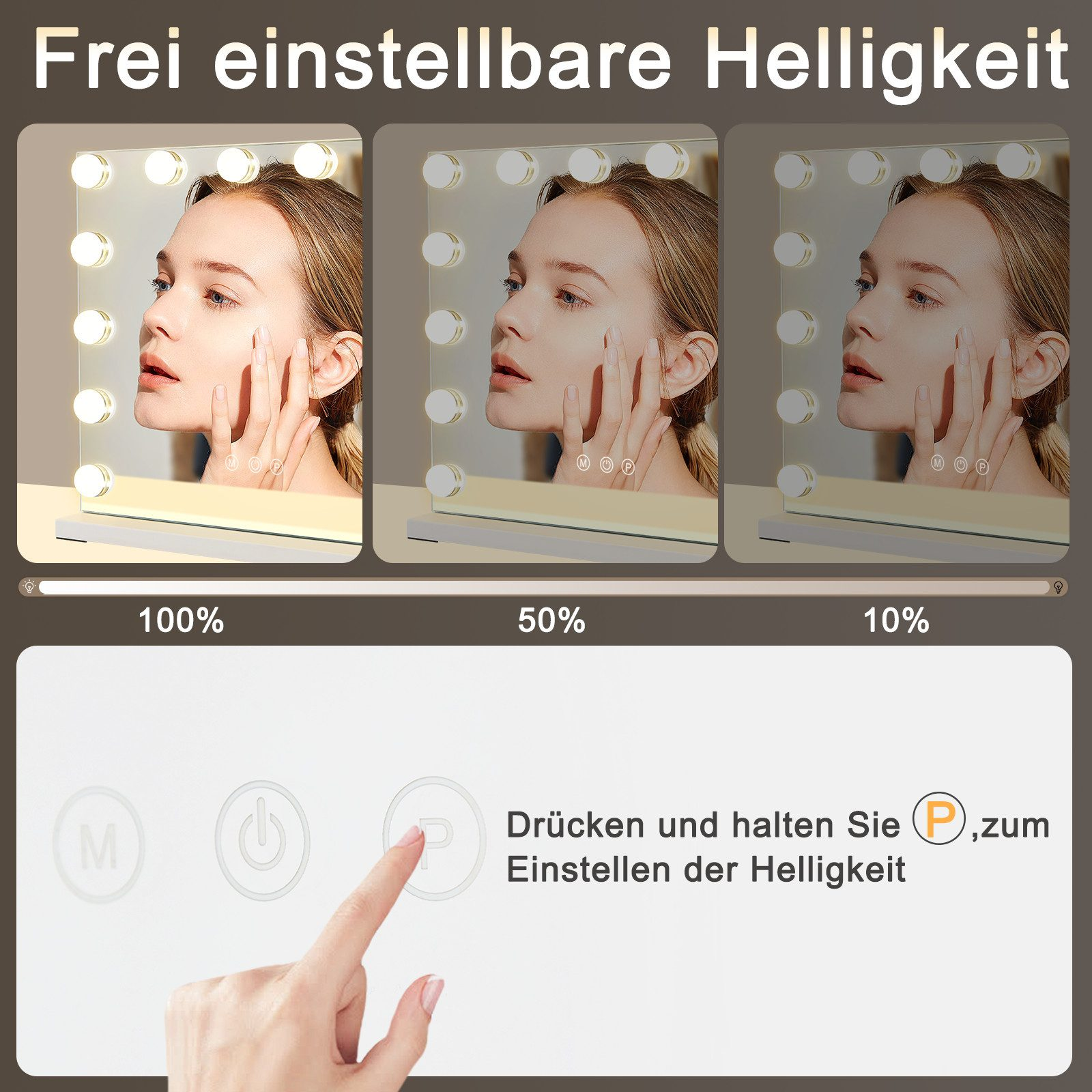 Tres imágenes de una mujer mirando un espejo de maquillaje iluminado con brillo ajustable.