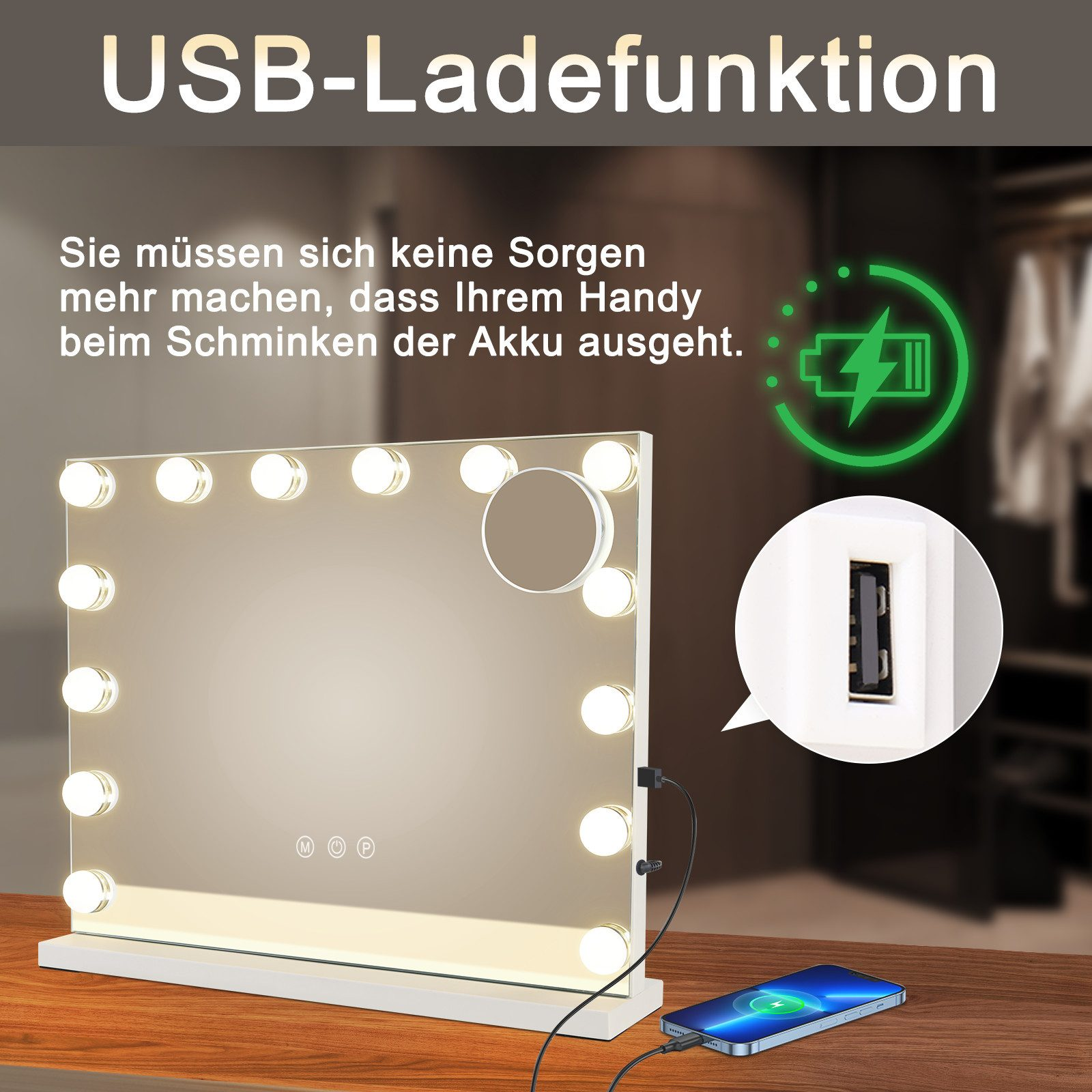 Espejo de tocador con luces, un teléfono cargándose en la encimera.