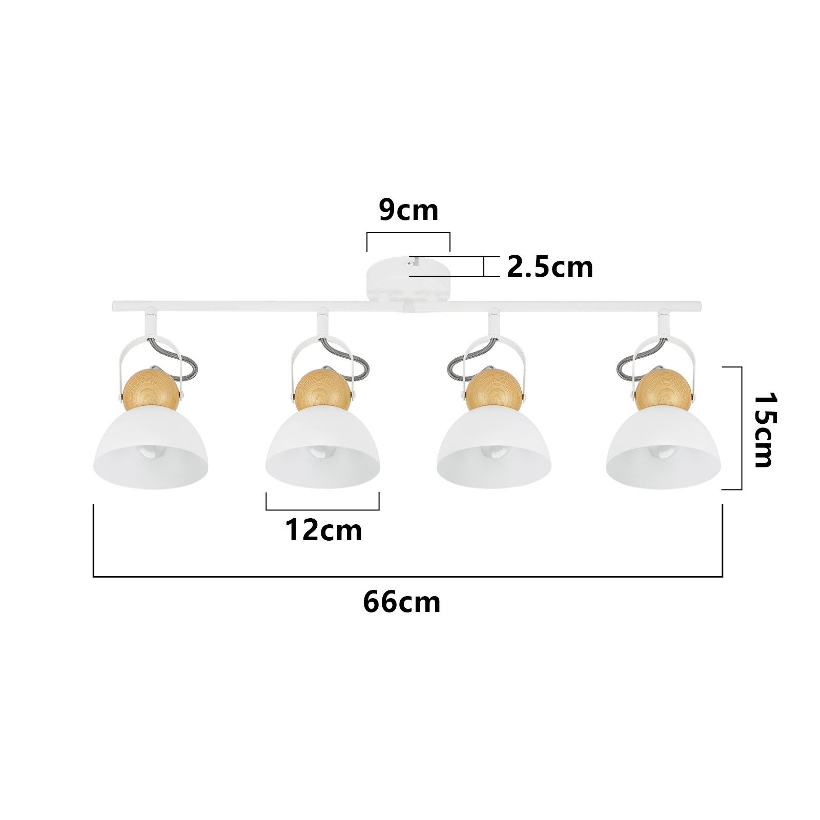 Lampa sufitowa z czterema białymi lampami, drewnianymi akcentami i wymiarami.