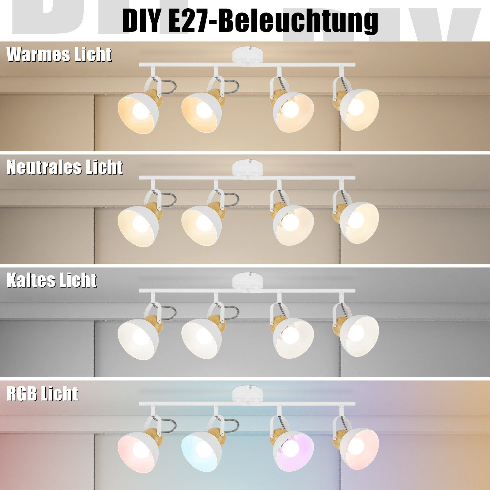Wiele świateł, pokazujących różne kolory światła: ciepły, neutralny, zimny i RGB.