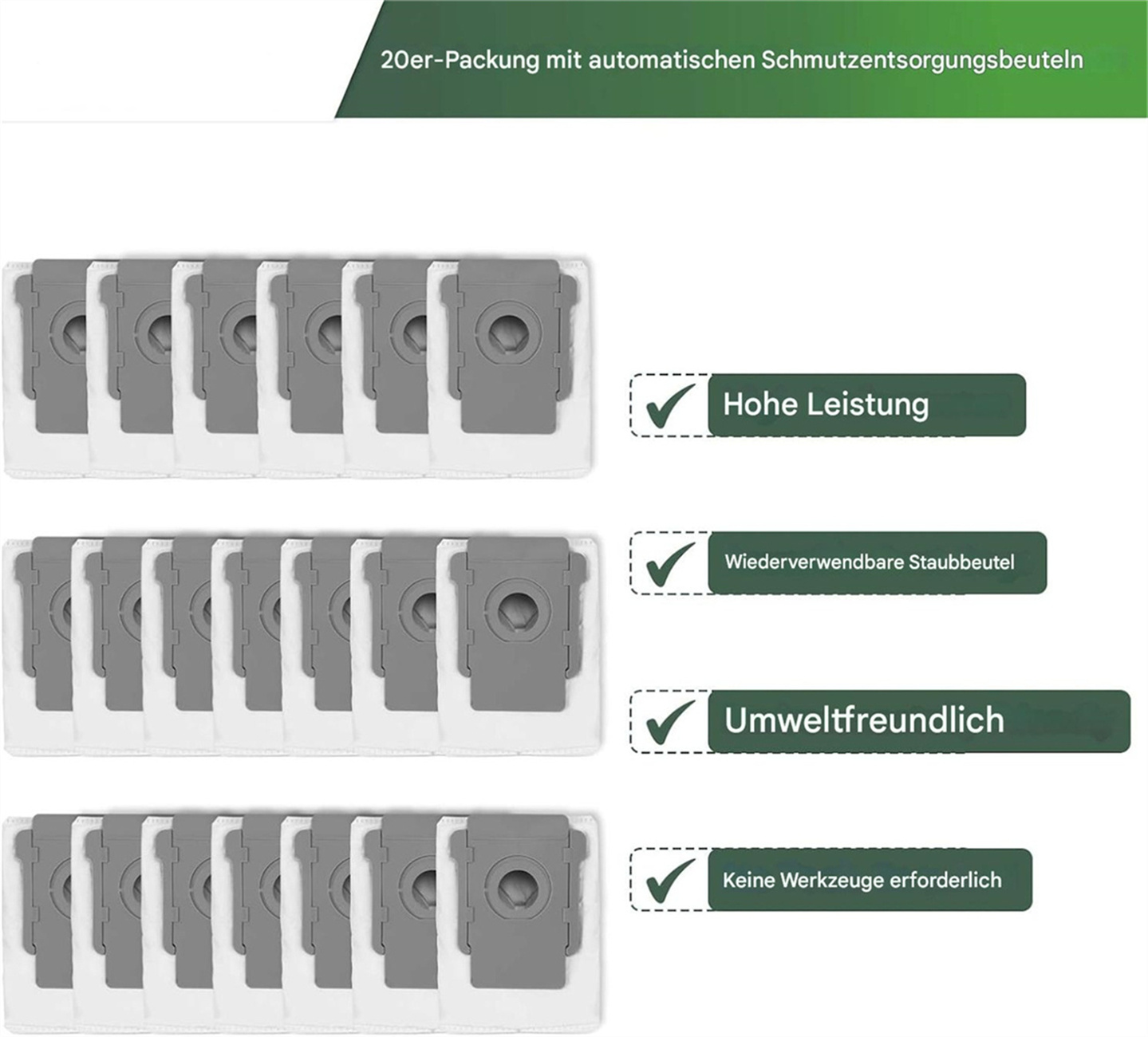 Eine Packung Staubsaugerbeutel mit den Worten 'hohe Leistung', 'wiederverwendbarer Staubbeutel' und 'umweltfreundlich'.
