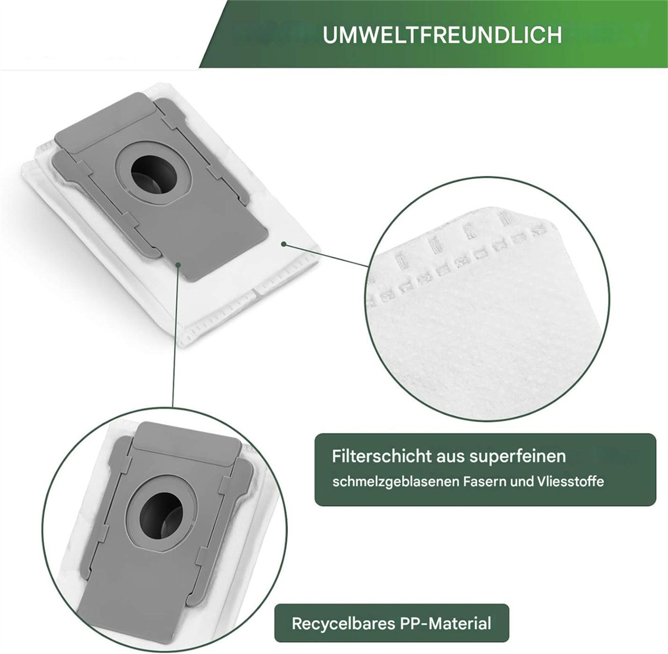 Ersatzbeutel für Staubsaugerfilter, Nahaufnahmen auf weißem Hintergrund.