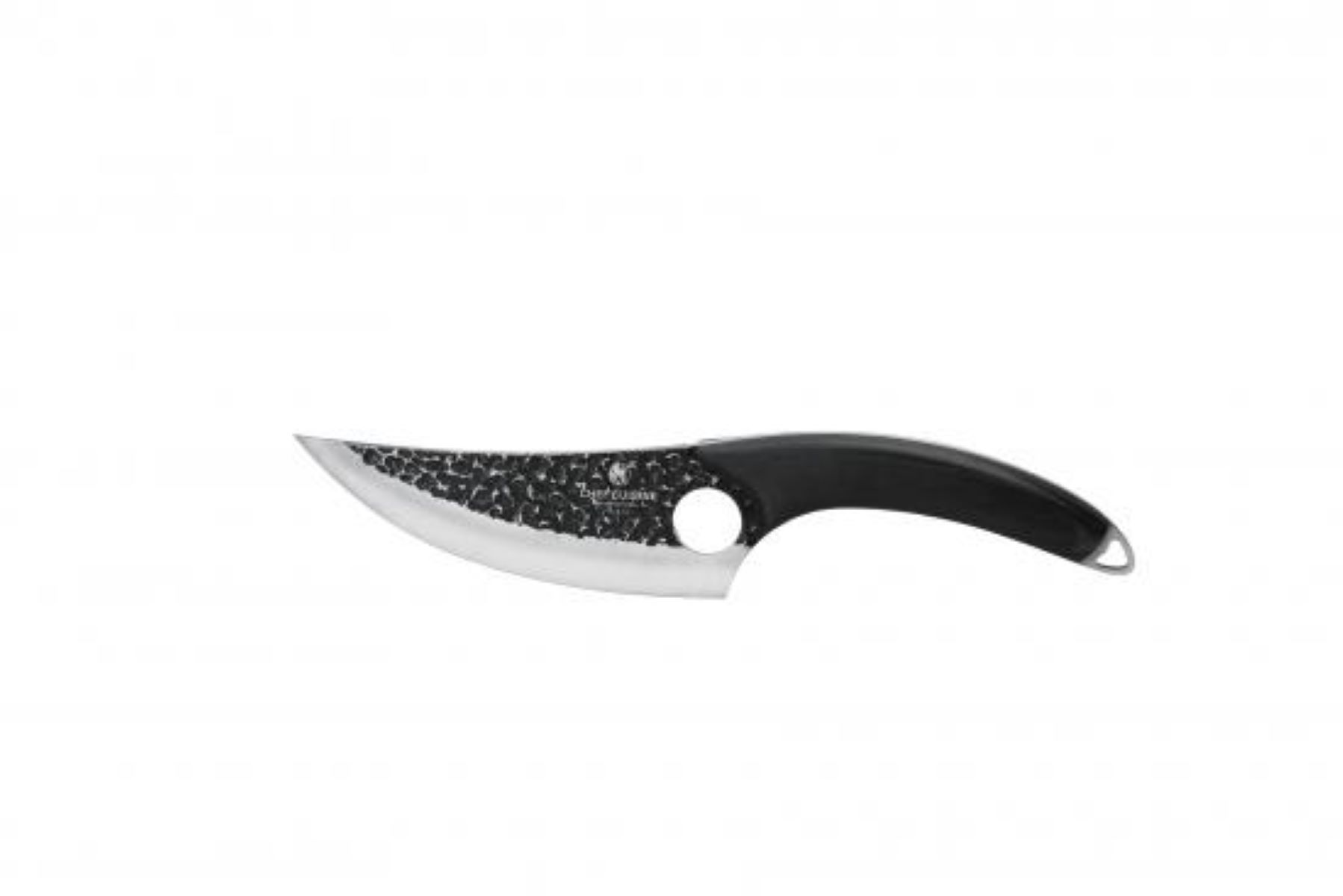 Ein schwarzes Hackmesser mit silberner Klinge, zum Schneiden bestimmt. Isoliert auf Weiß.