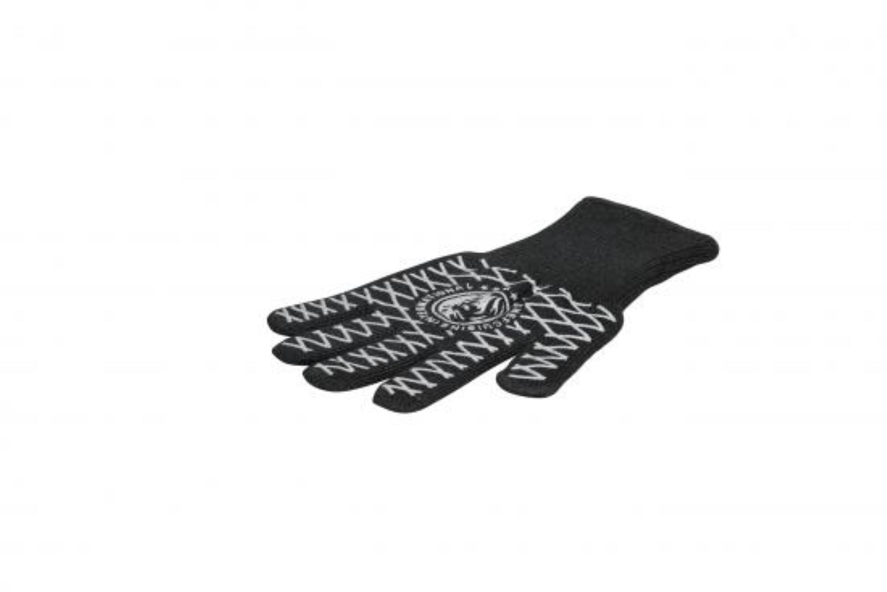 Schwarz-weißer Arbeitshandschuh. Weißes Kreuzmuster auf der Handfläche. Schwarze Manschette.
