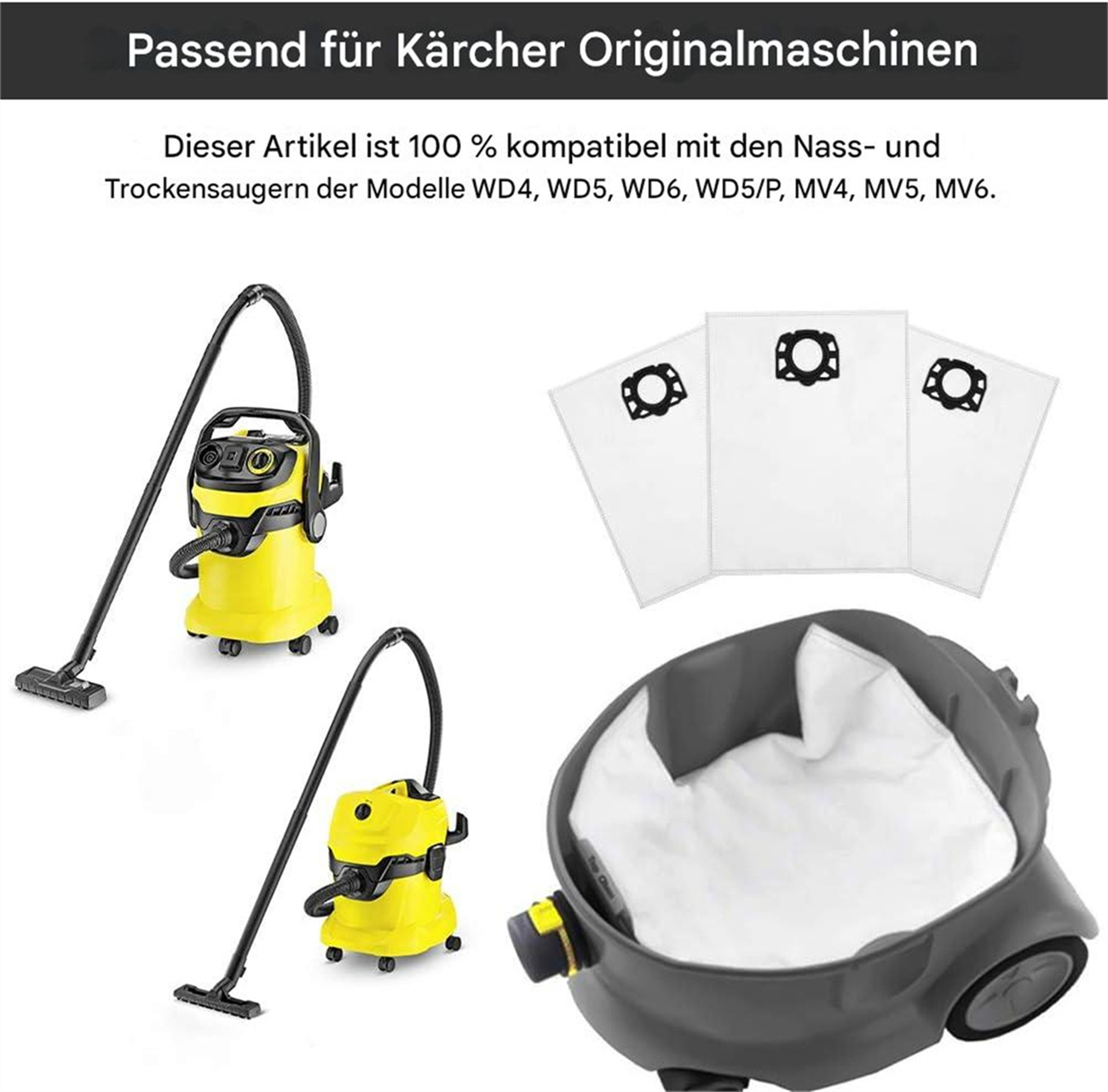 Gelbe Staubsauger und Staubsaugerbeutel. Die Beutel sind weiß. Text auf den Beuteln. Kärcher Original.