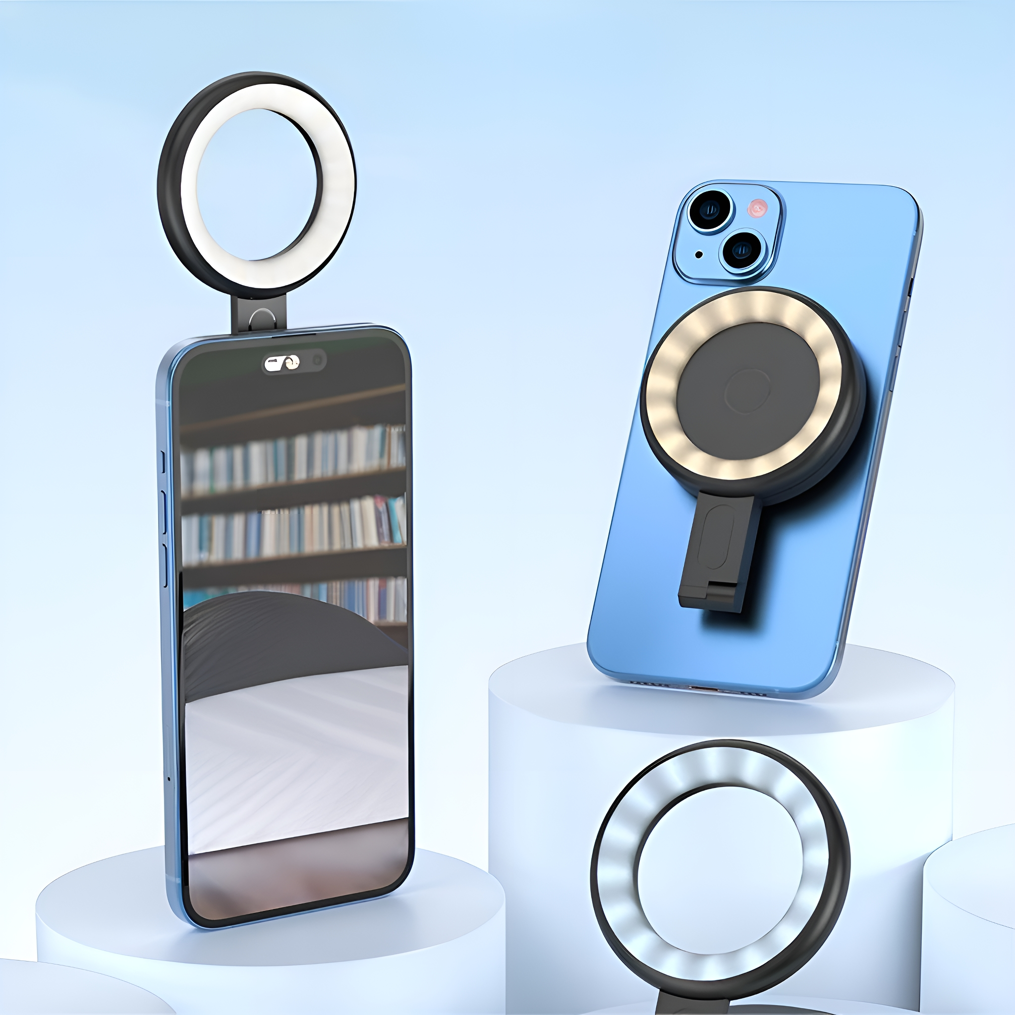 Zwei Smartphones mit Ringlichtern, eines hinten und eines vorne.