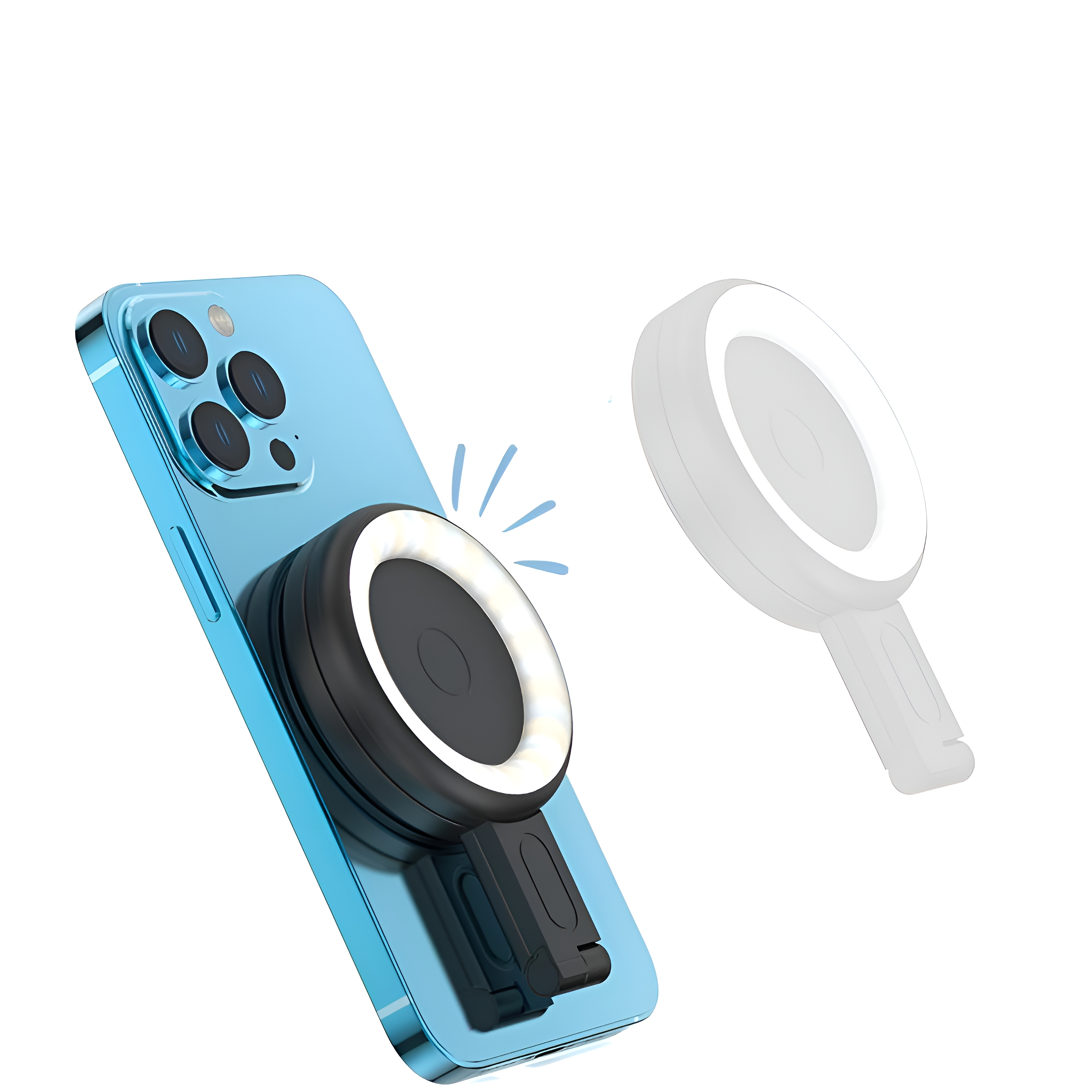 Blaues Telefon mit Ringlichtaufsatz, ein weiteres abgenommenes Ringlicht rechts.