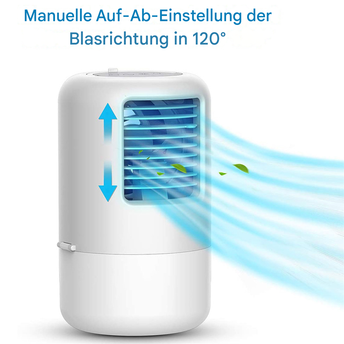 Ein weißer tragbarer Luftkühler mit blauen Luftstromlinien. Er hat eine Digitalanzeige und einstellbare Richtung.