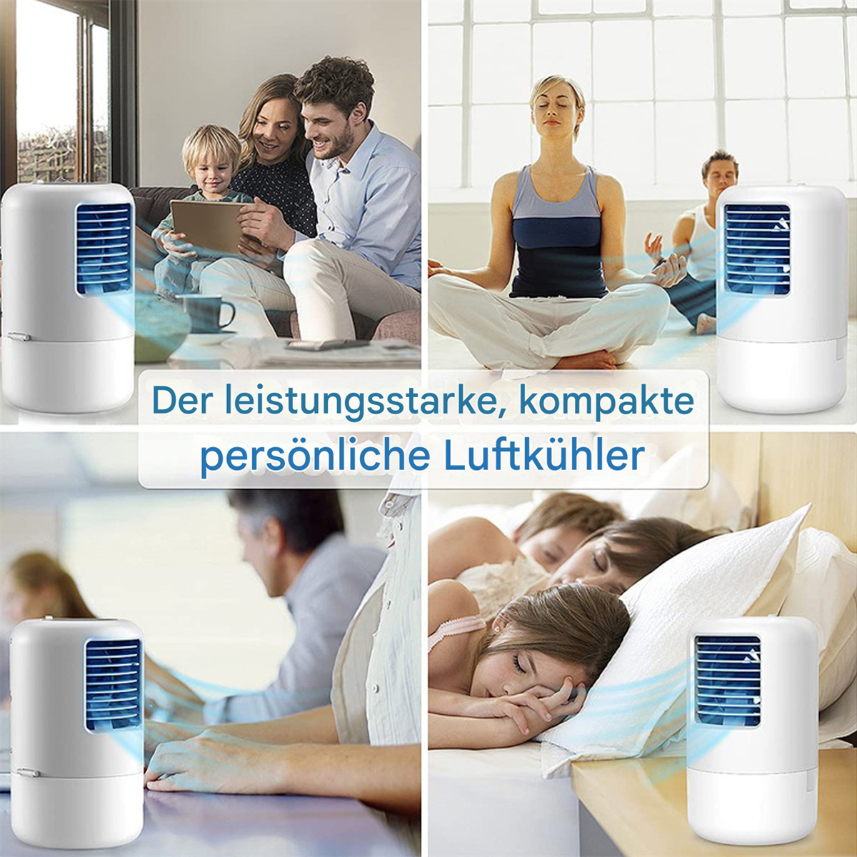 Mehrere Szenen mit Personen, die tragbare Luftkühler verwenden.