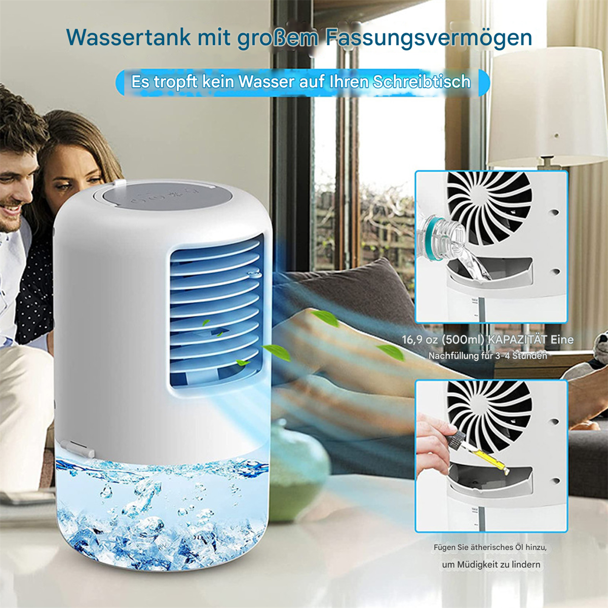 Ein weiß-blauer Luftkühler. Zwei Personen beobachten das Gerät. Es gibt auch Bilder von Wasser.
