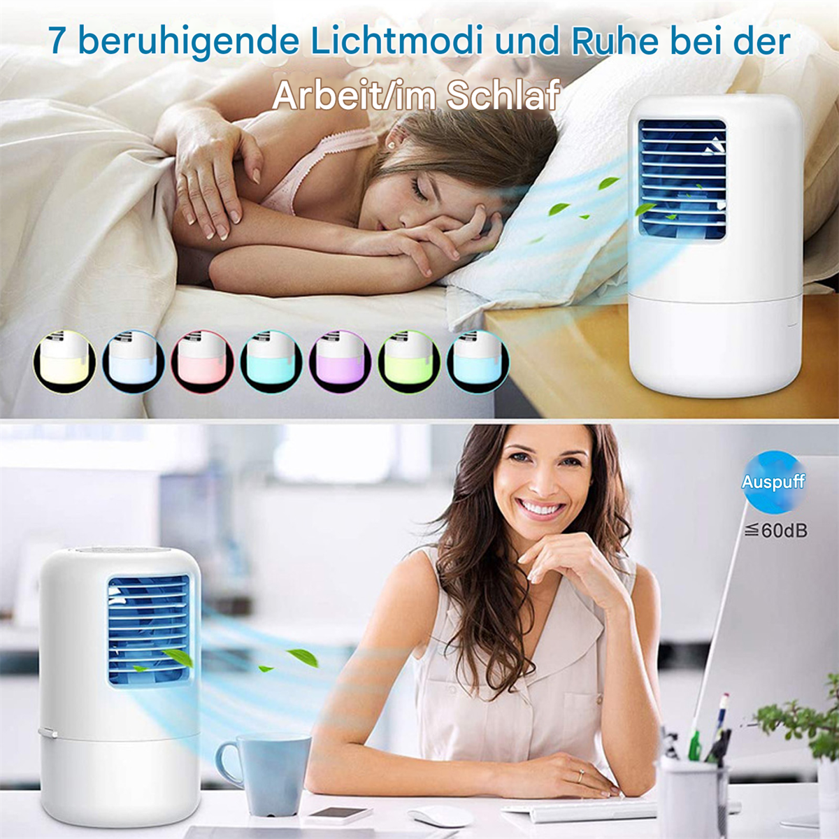 Frau schläft im Bett, eine andere arbeitet vor einem Computer, mit einem weißen Luftkühler.