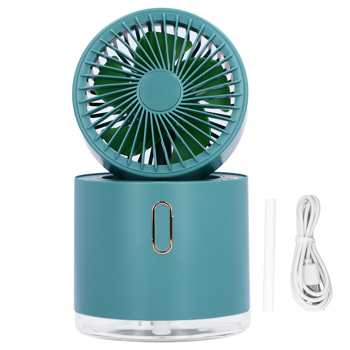 Türkis-weißer tragbarer Ventilator mit sichtbarem grünem Lüfterrad und weißem USB-Kabel. Weißer Hintergrund.