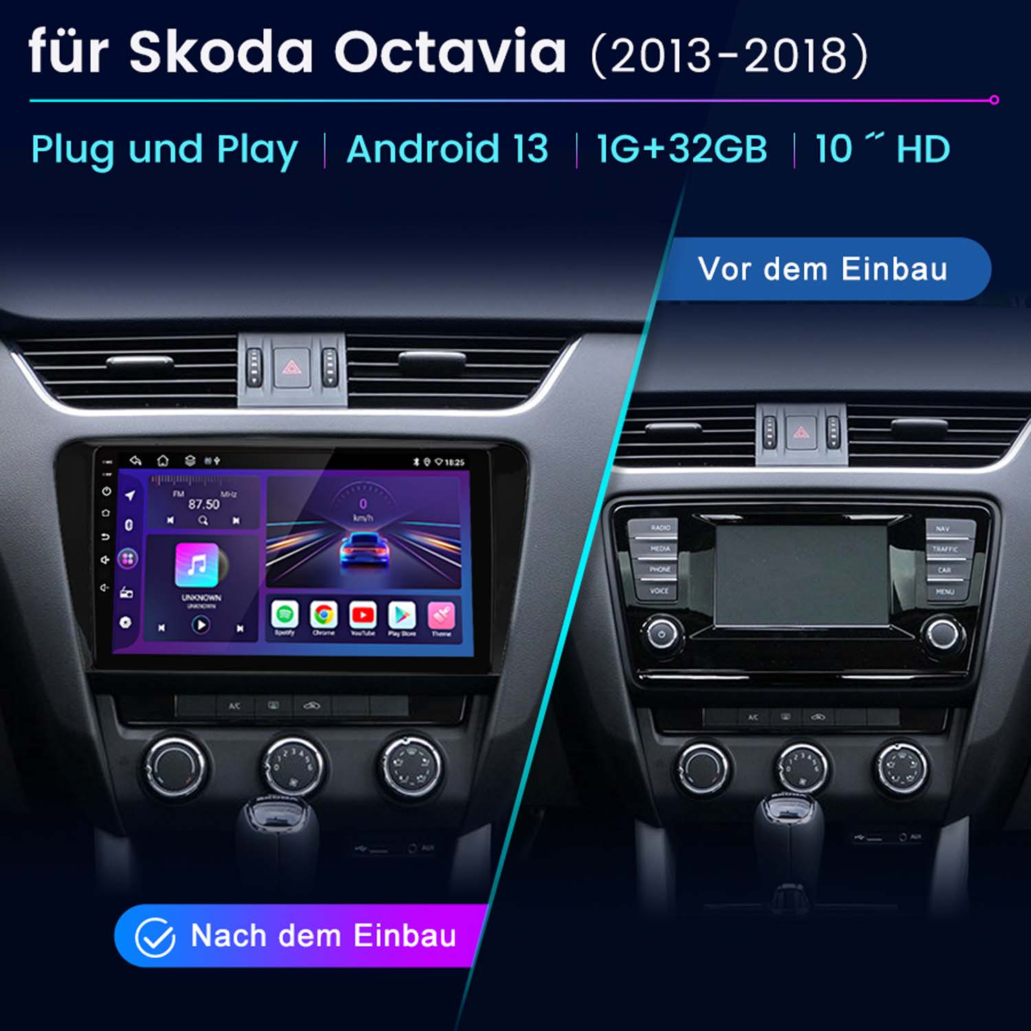 Armaturenbrett eines Autos, vor und nach dem Einbau eines neuen Geräts.