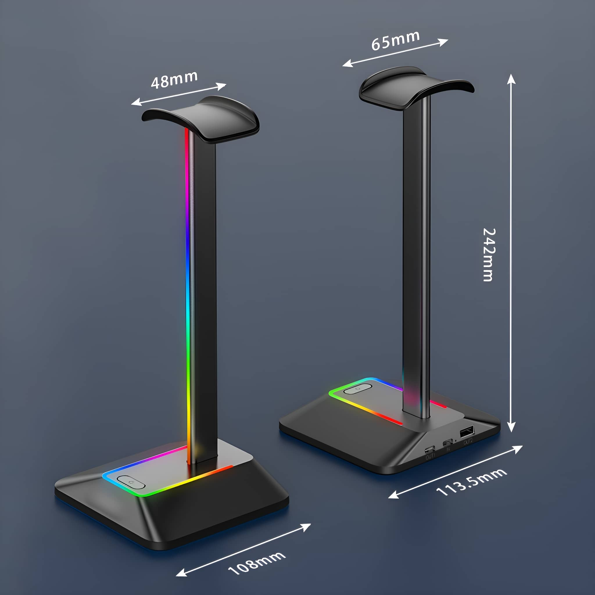 Zwei schwarze Kopfhörerständer mit LED-Lichtern. Abmessungen sind in mm angegeben.