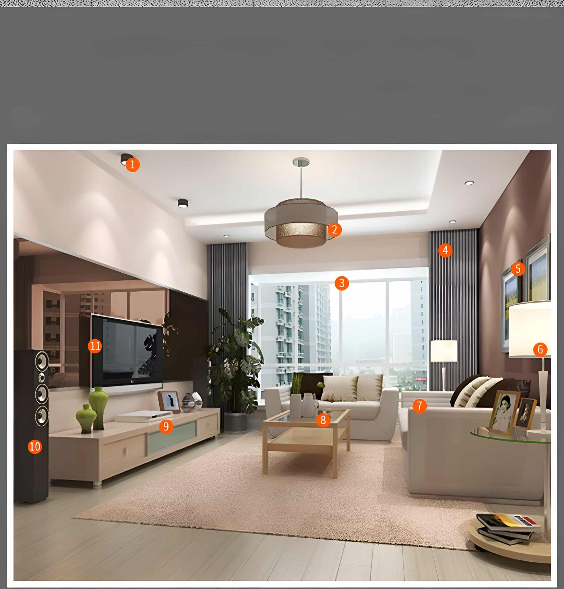 Modernes Wohnzimmer mit Möbeln, Fernseher und Dekorationsartikeln. Braun und weiß.