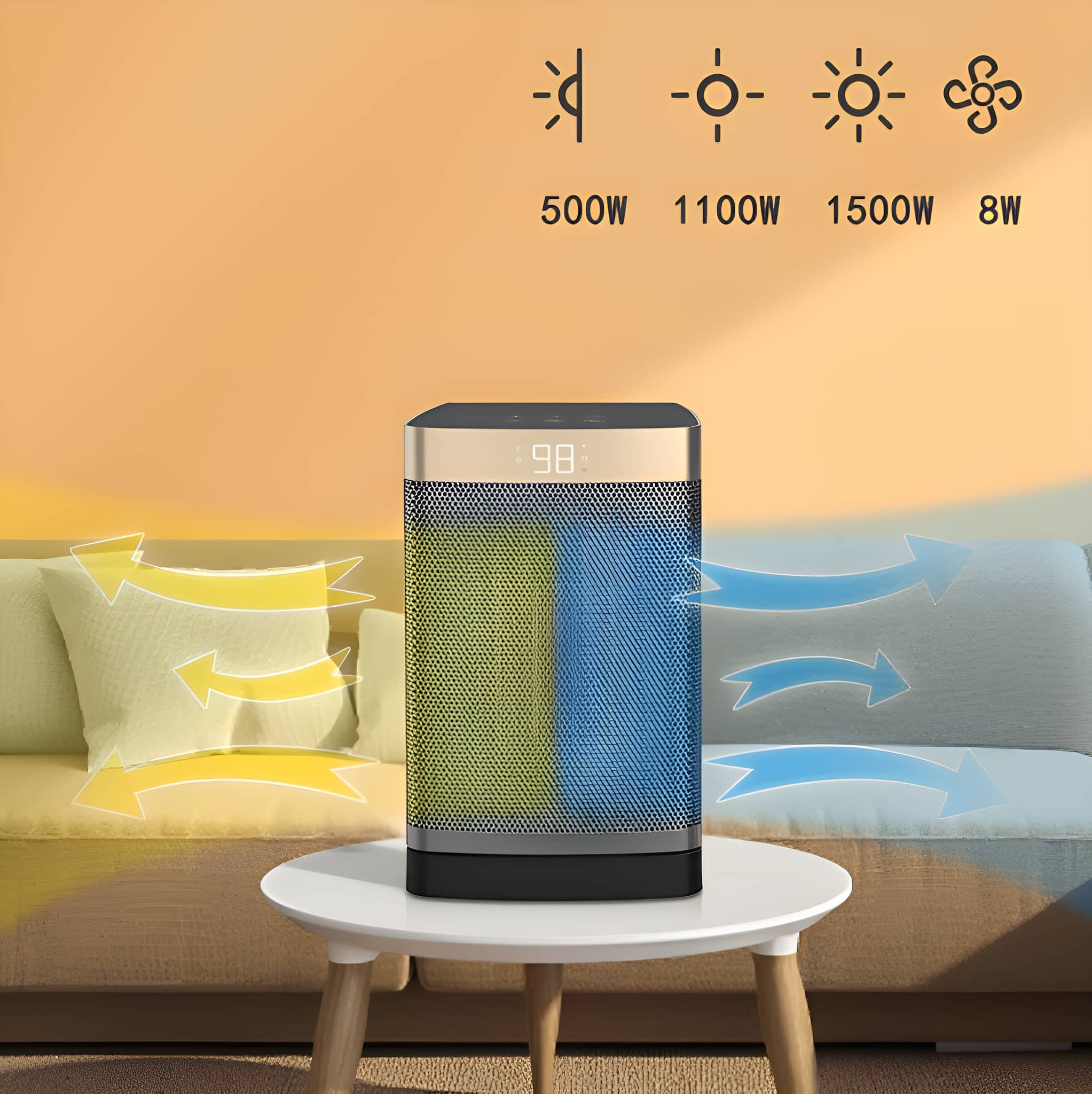 Schwarz-goldener Heizlüfter mit Bedienfeld und Luftauslässen. Zeigt 500W, 1100W, 1500W und 8W.