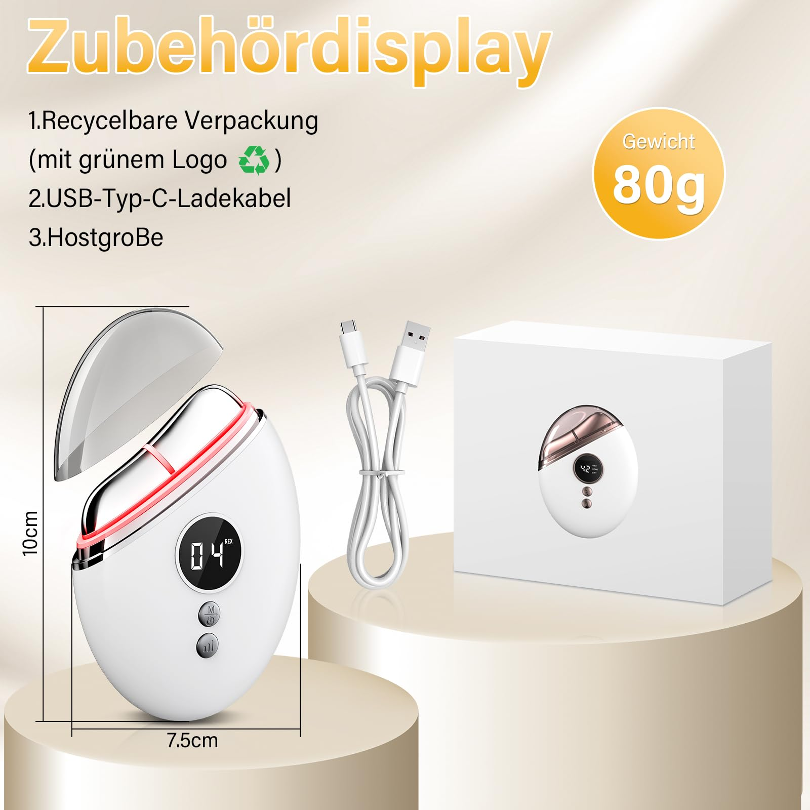 Weißes Gesichtsmassagegerät mit offenem Deckel, USB-Kabel und weißer Box. Wiegt 80g.