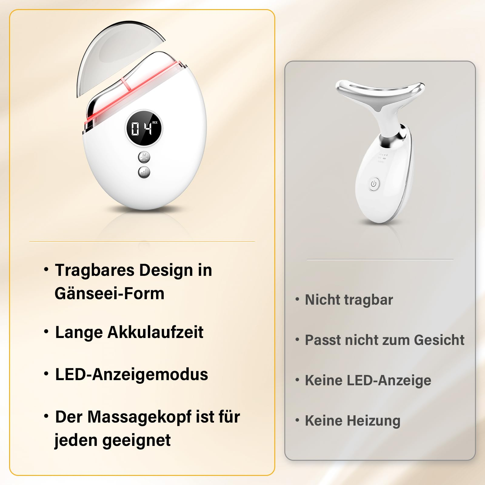 Weißes Gesichts- und Nackenmassagegerät mit Bildschirm und Vergleich auf der rechten Seite.