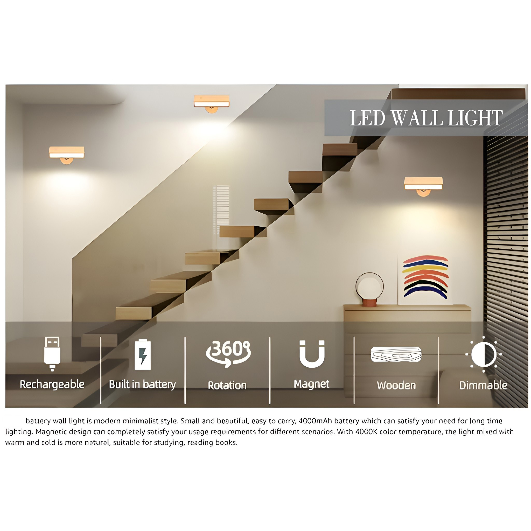 Innenraum mit Treppe, Wandleuchten und Symbolen. LED-Wandlicht-Text oben.
