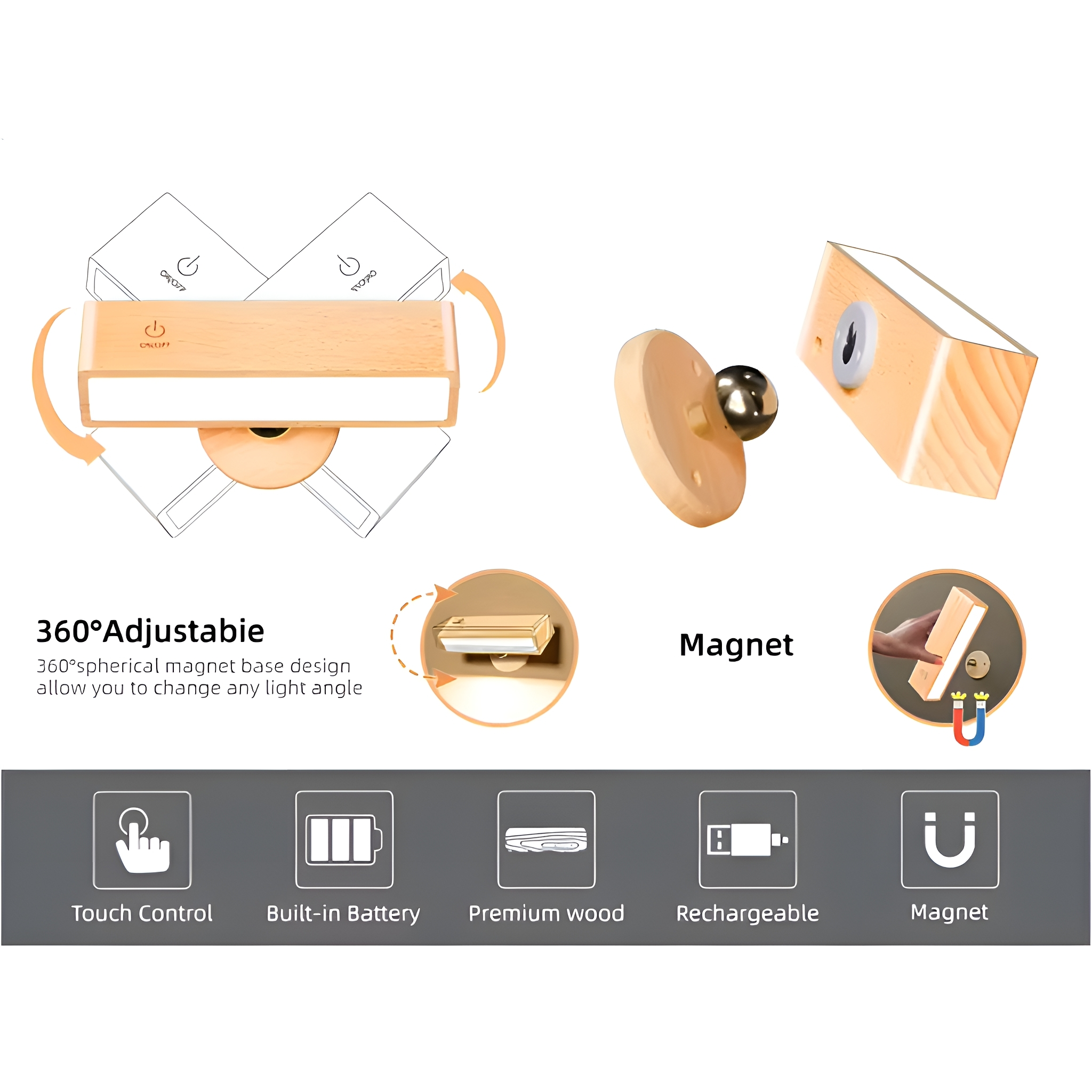 Holzlicht mit Magnetfuß, Touch-Steuerung und Akku, mit Symbolen.