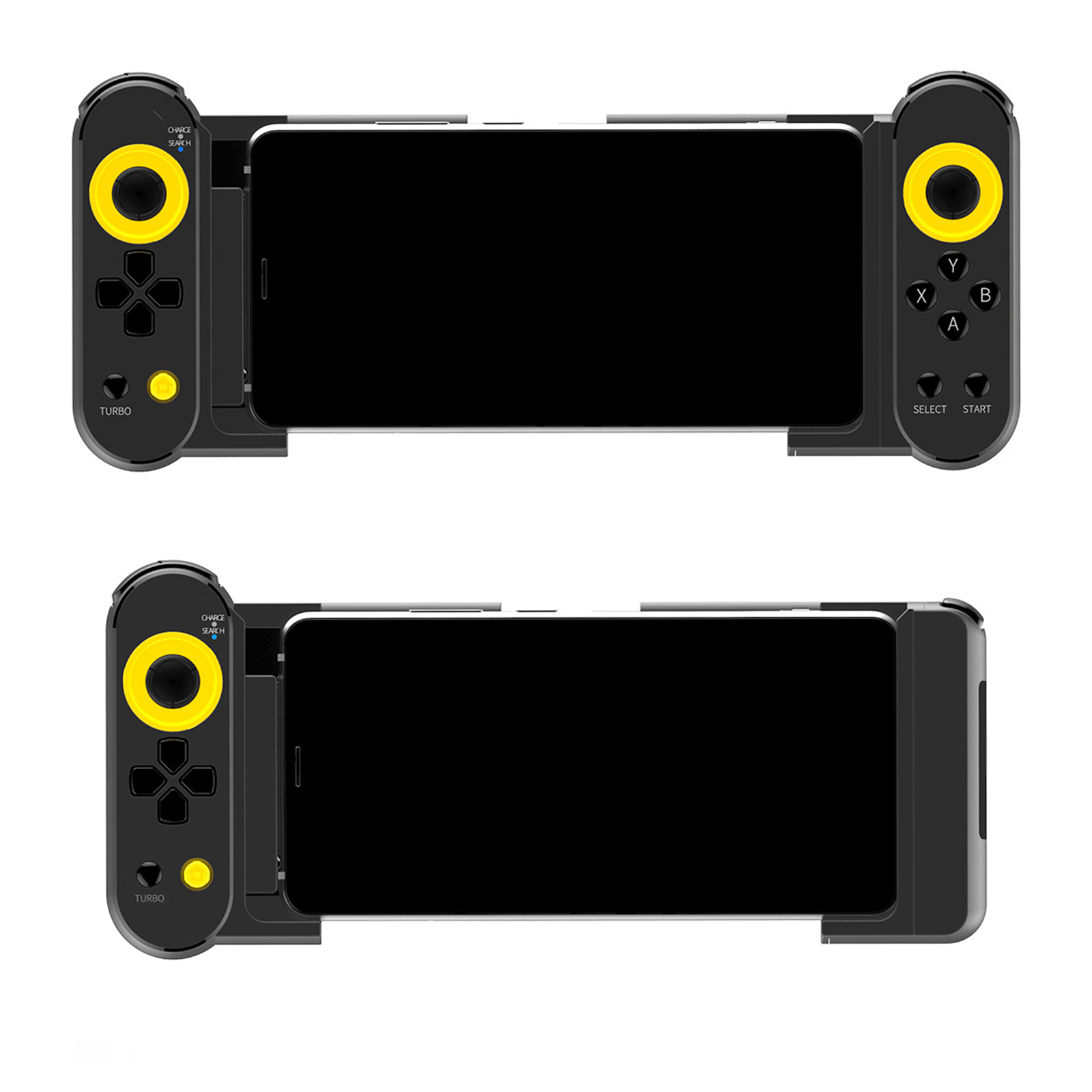 Smartphone-Gamecontroller. Zwei Ansichten desselben Controllers. Schwarz und gelb.