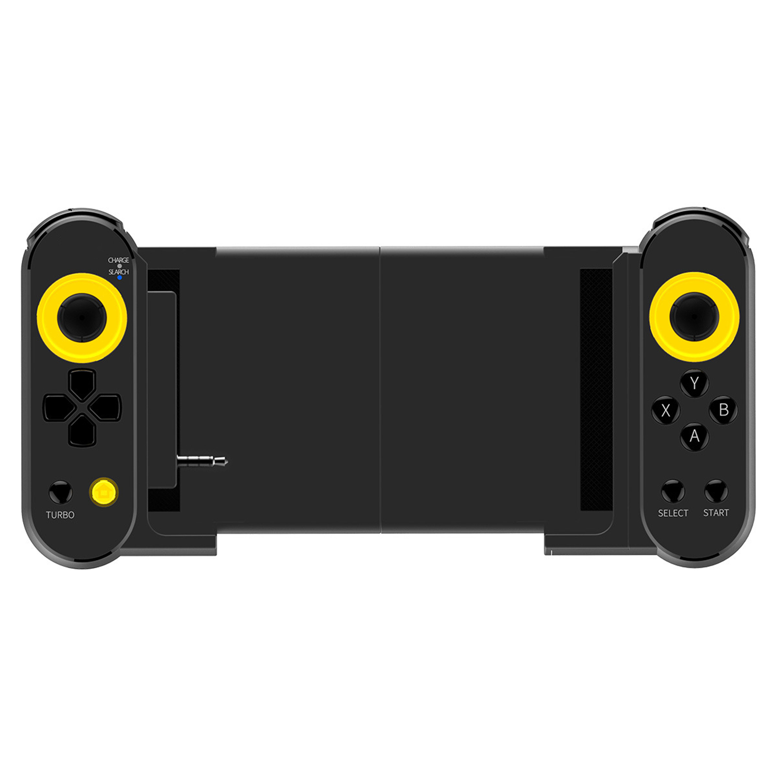 Schwarzer Handheld-Gamecontroller mit gelben Knöpfen. Enthält ein D-Pad, Aktionstasten und zusätzliche Knöpfe.