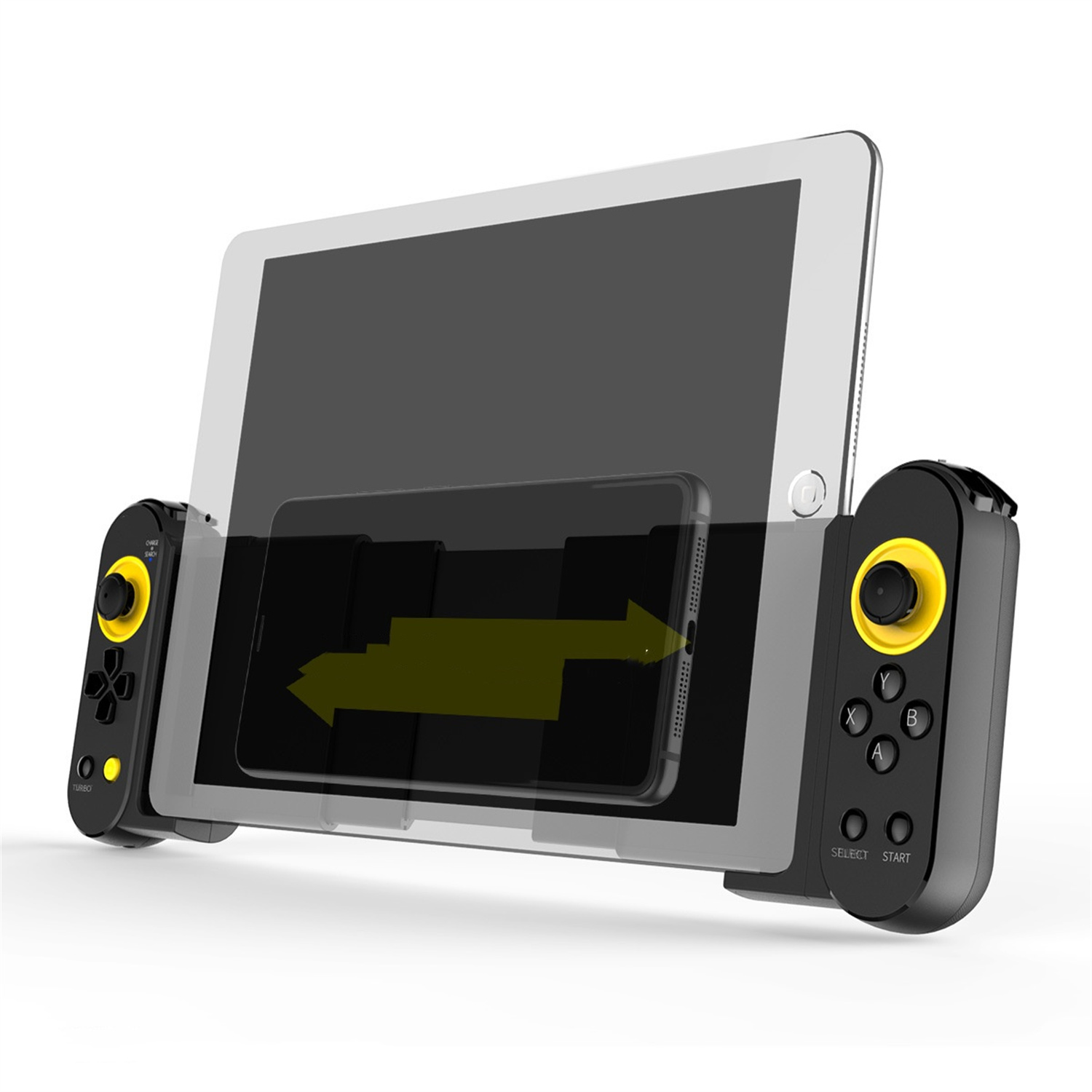 Tablet mit einem Telefon in einem Controller montiert. Der Controller hat Knöpfe und einen gelben Pfeil.