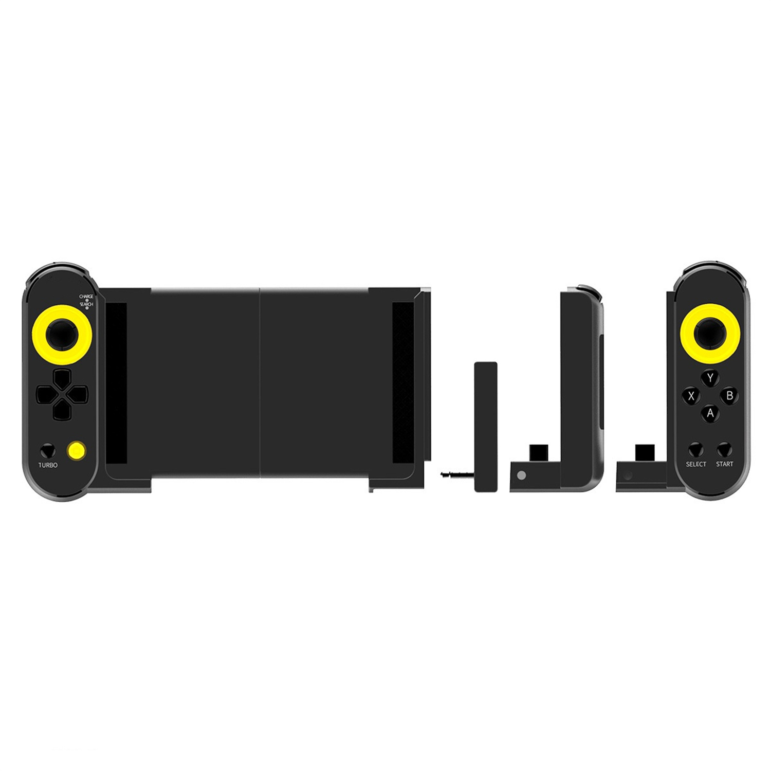 Ein zerlegter schwarzer Gamecontroller mit gelben Knöpfen und einem schwarzen Telefonhalter.