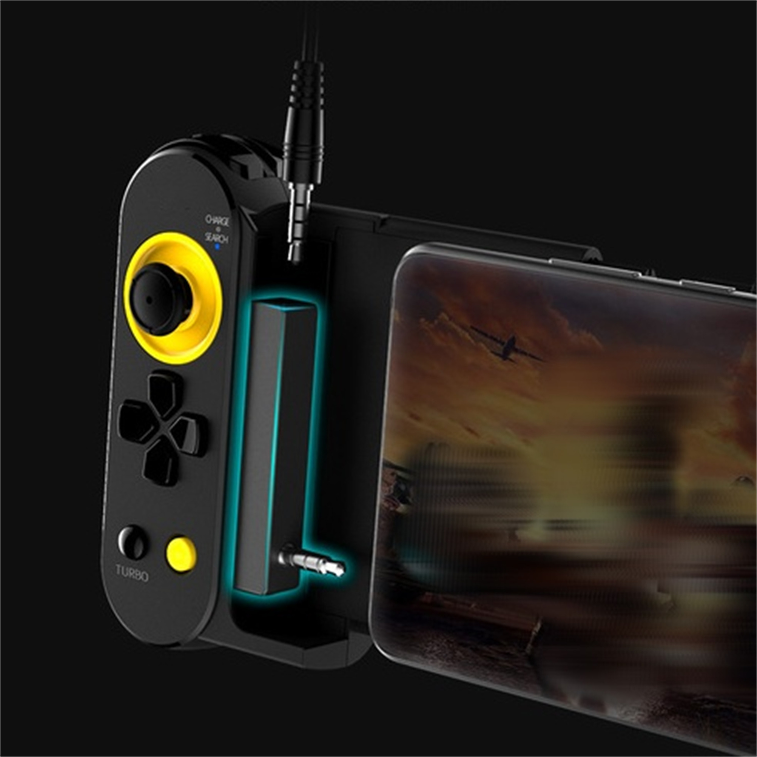 Schwarzes Gamepad mit gelben Akzenten, verbunden mit einem Telefon, mit Ladeanschluss und Turbotaste.