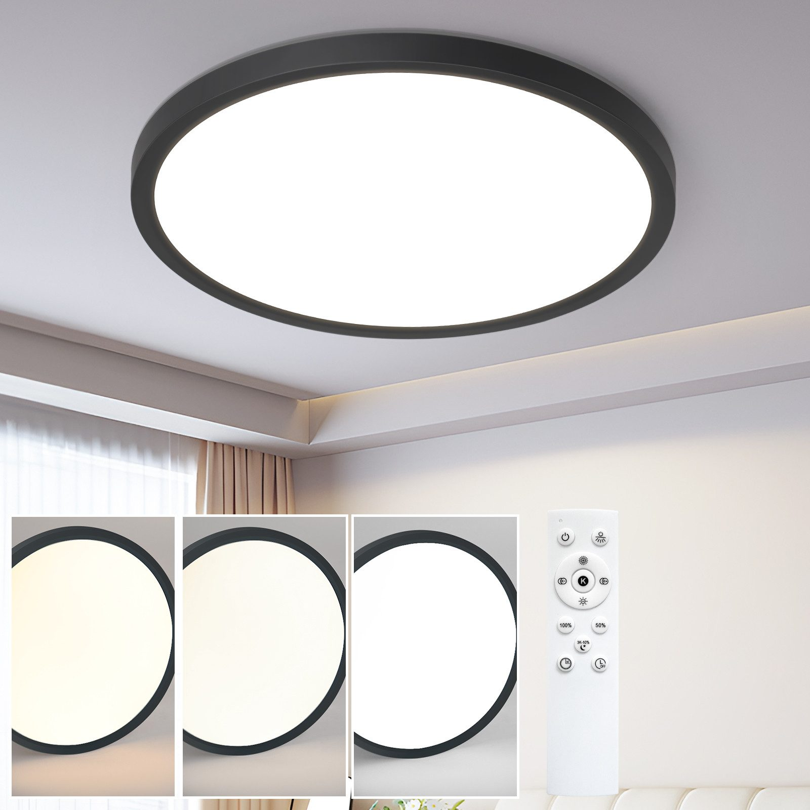 Plafoniera LED rotonda. Include dimmer. Telecomando con pulsanti regolazione luce.