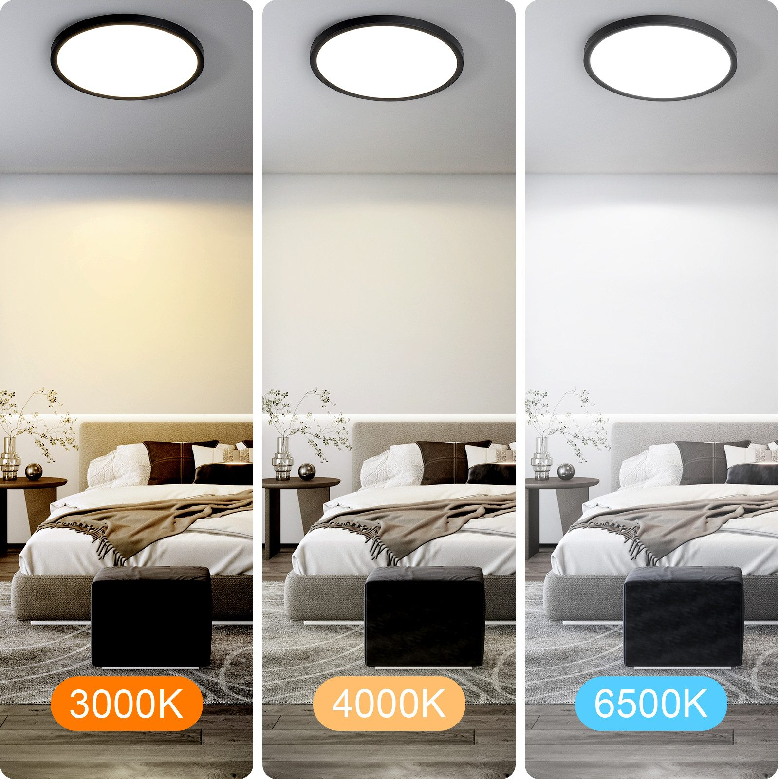 Camera da letto con tre impostazioni di luce: 3000K, 4000K e 6500K. Letto e comodini visibili.